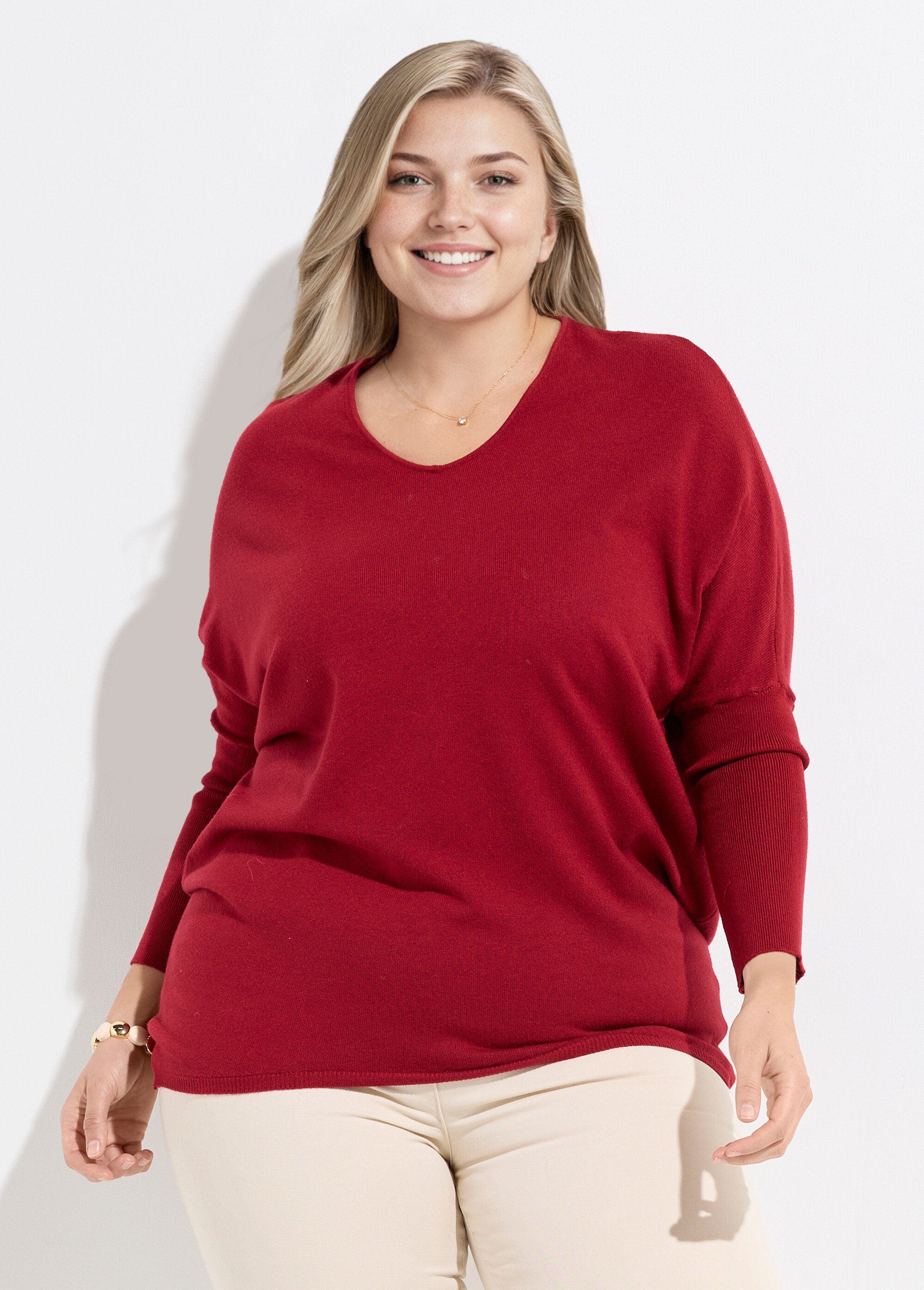 Pull maille fine jauge épaules descendues Femme Grande Taille Rouge CHY-816 FA1