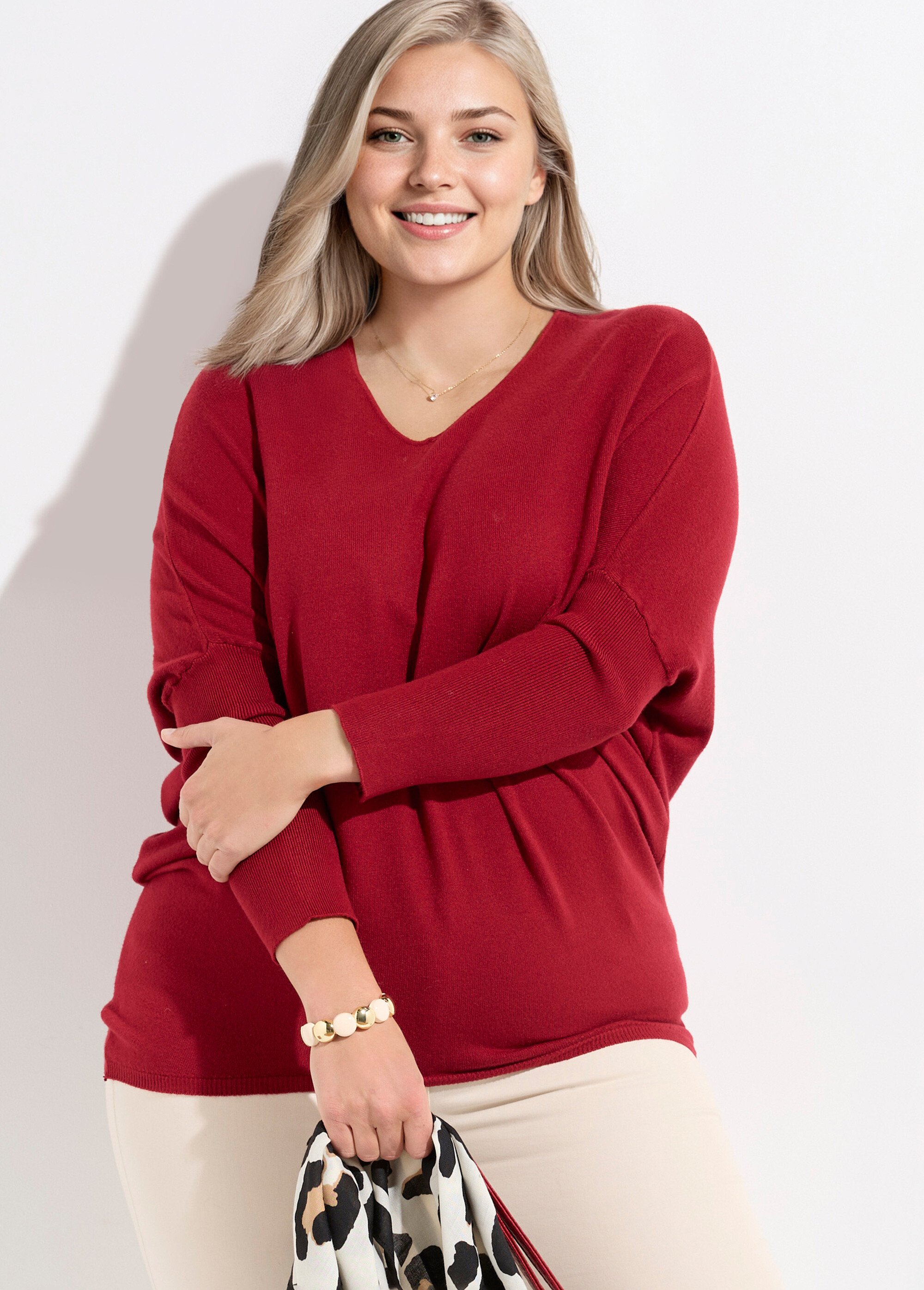 Pull maille fine jauge épaules descendues Femme Grande Taille Rouge CHY-816 MV1