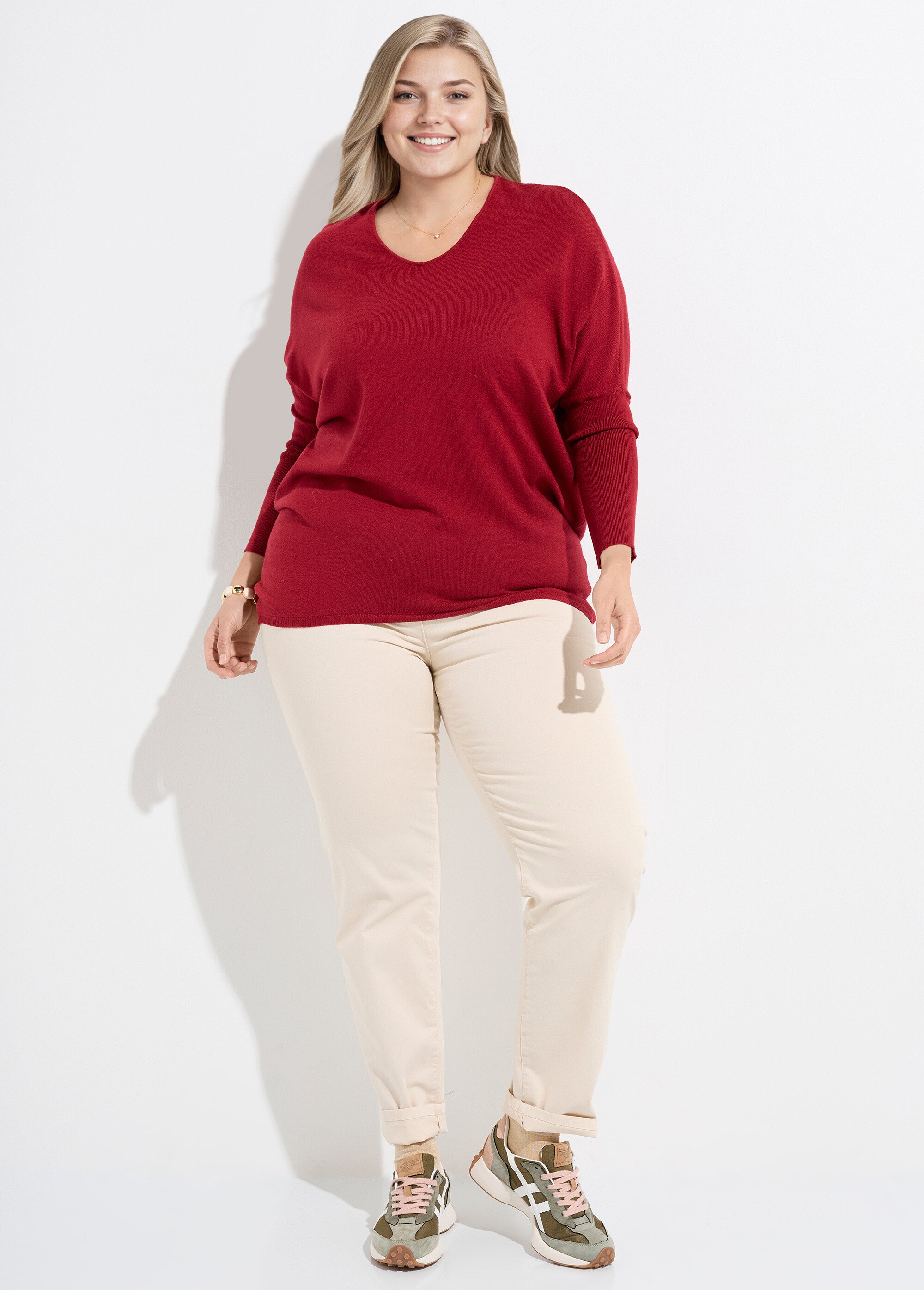 Pull maille fine jauge épaules descendues Femme Grande Taille Rouge CHY-816 SF1