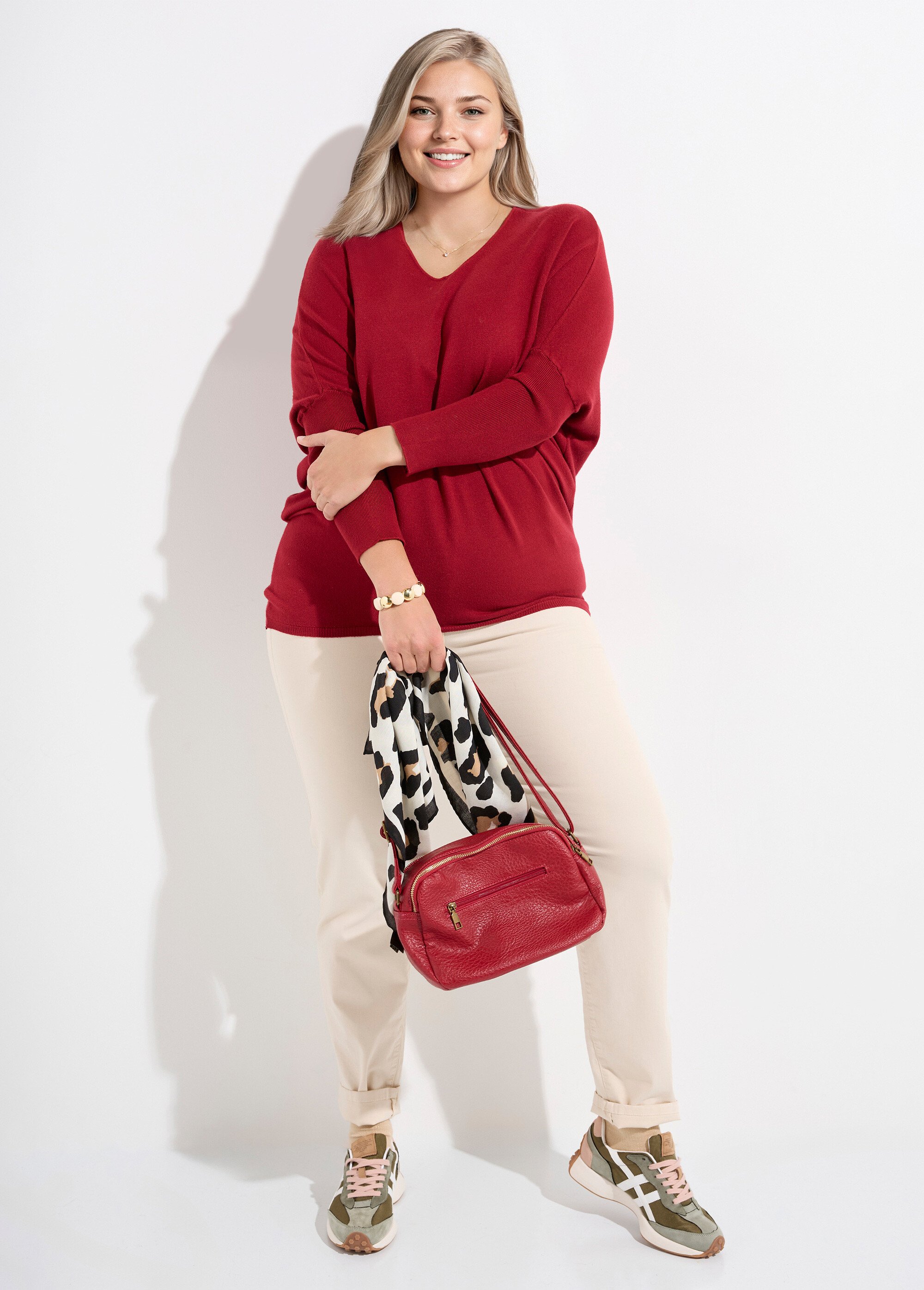 Pull maille fine jauge épaules descendues Femme Grande Taille Rouge CHY-816 SI1
