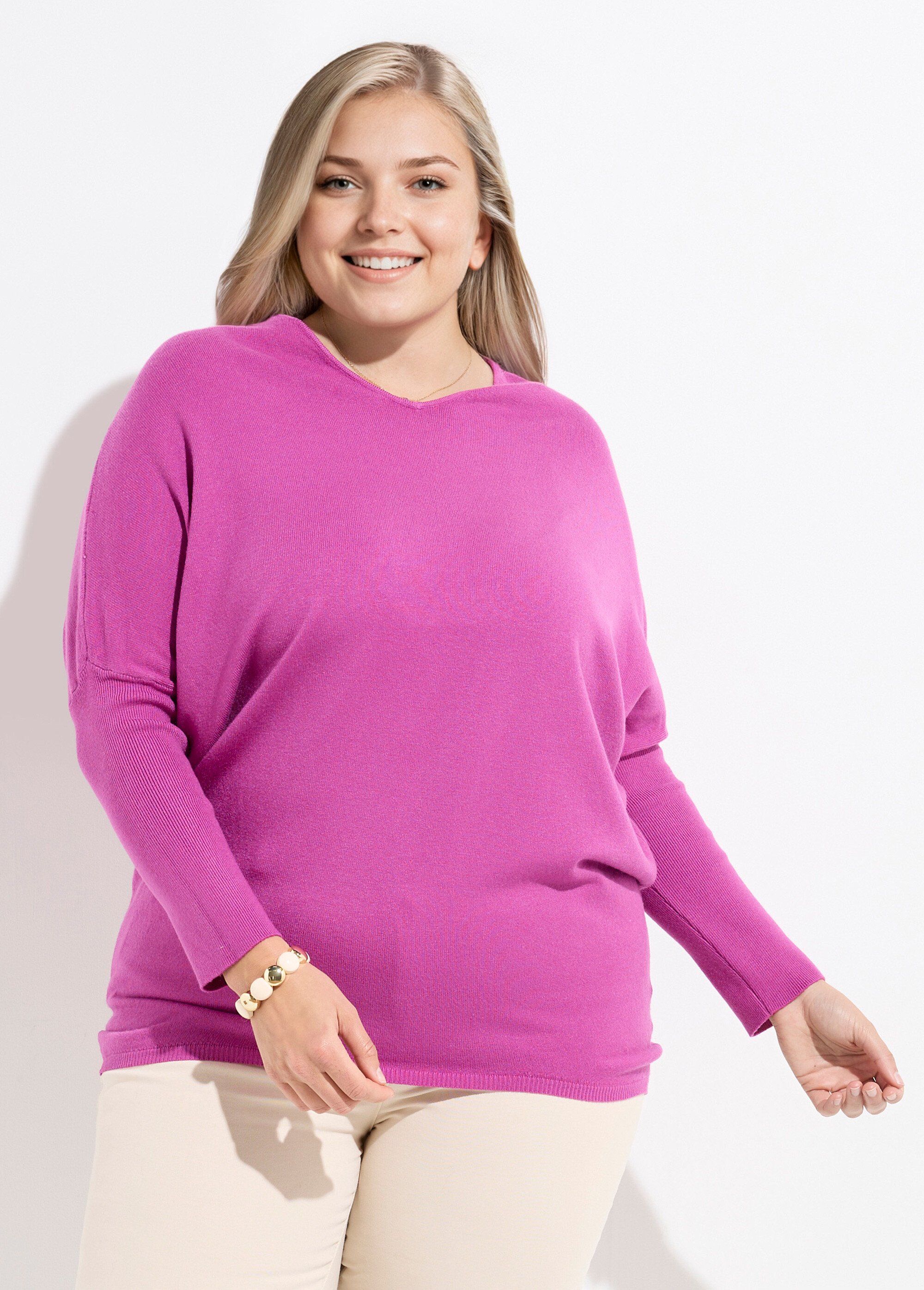 Pull maille fine jauge épaules descendues Femme Grande Taille Violet CHY-816 FA1