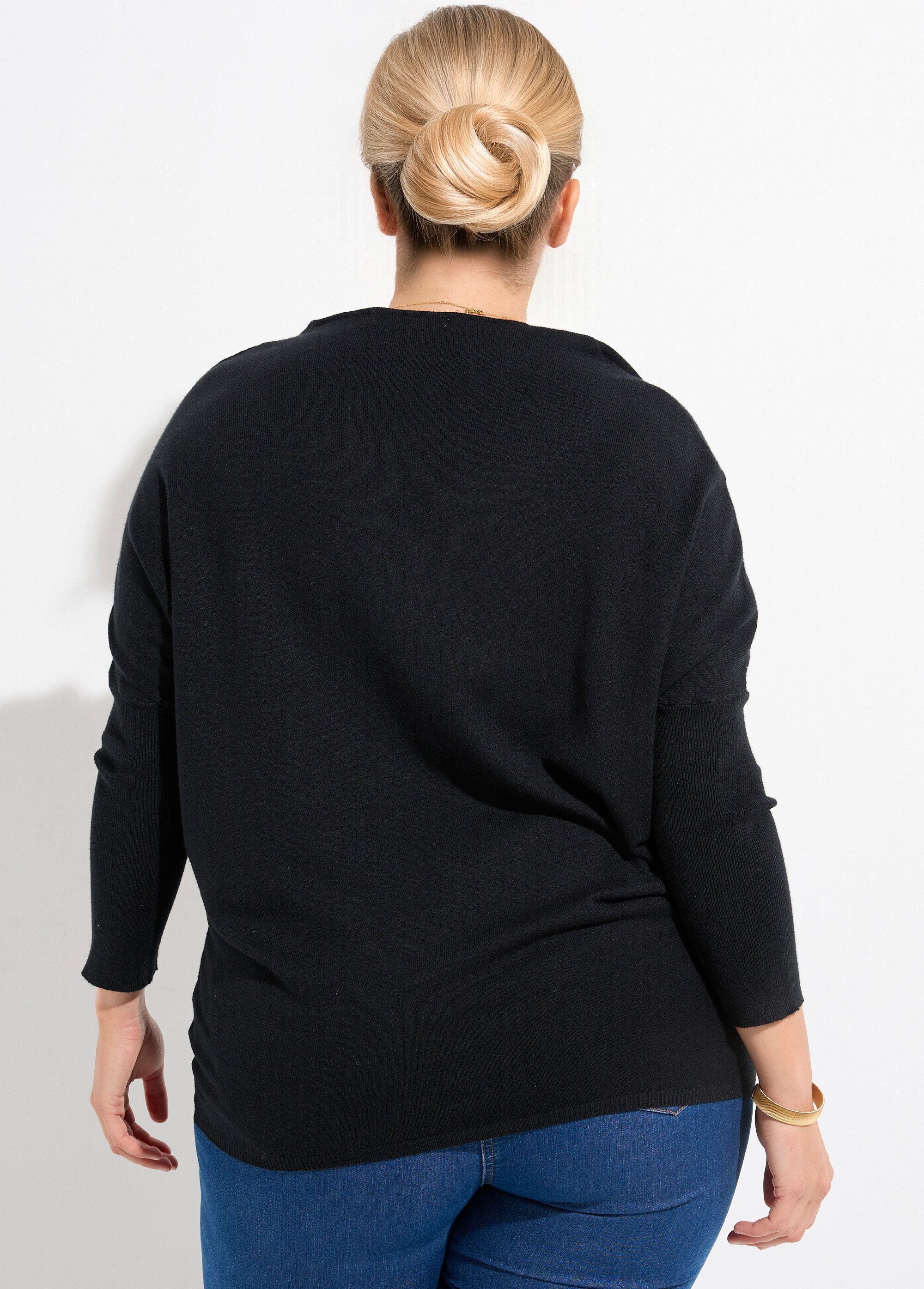Pull maille fine jauge épaules descendues Femme Grande Taille Noir CHY-816 DO1