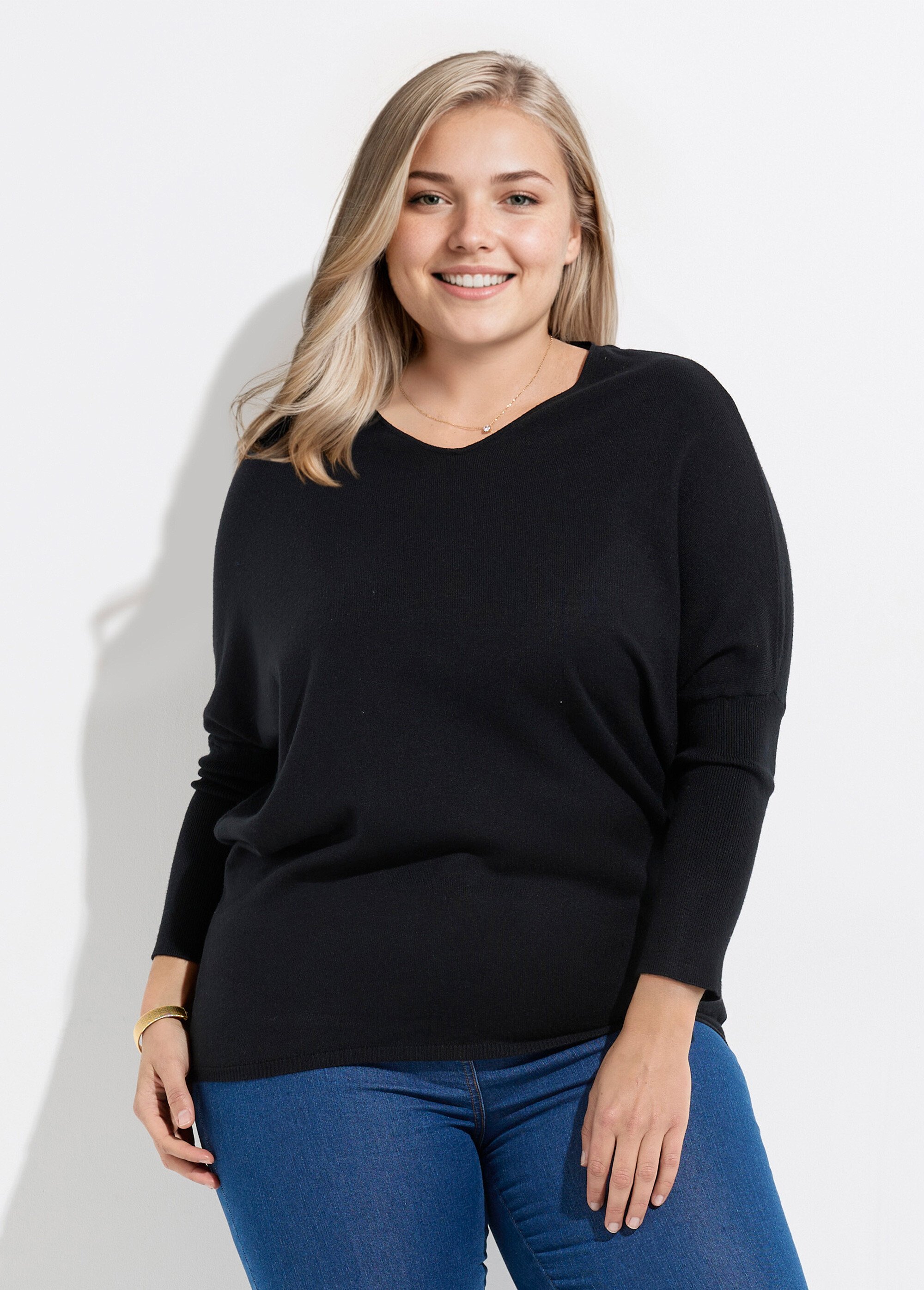 Pull maille fine jauge épaules descendues Femme Grande Taille Noir CHY-816 FA1