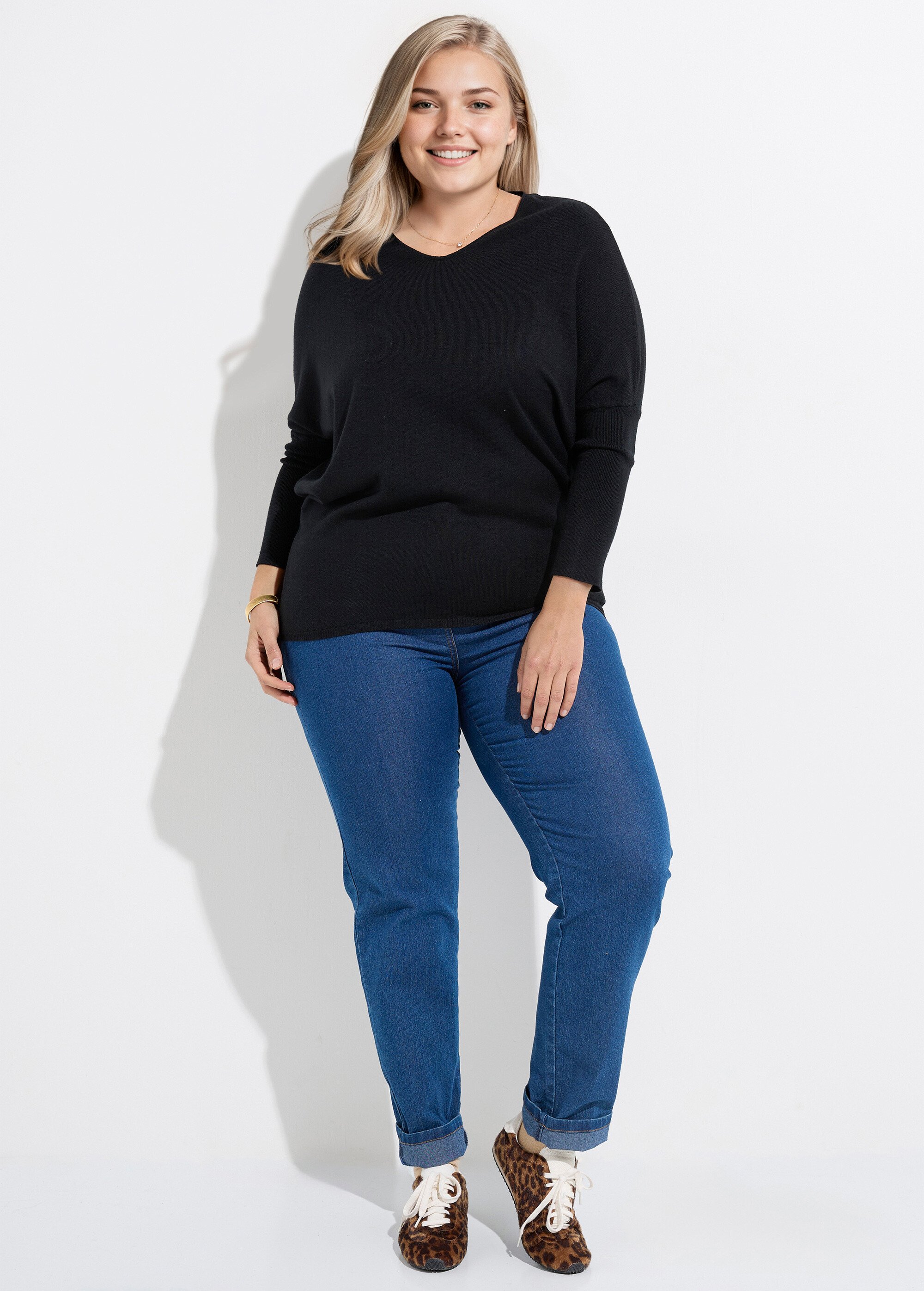 Pull maille fine jauge épaules descendues Femme Grande Taille Noir CHY-816 SF1