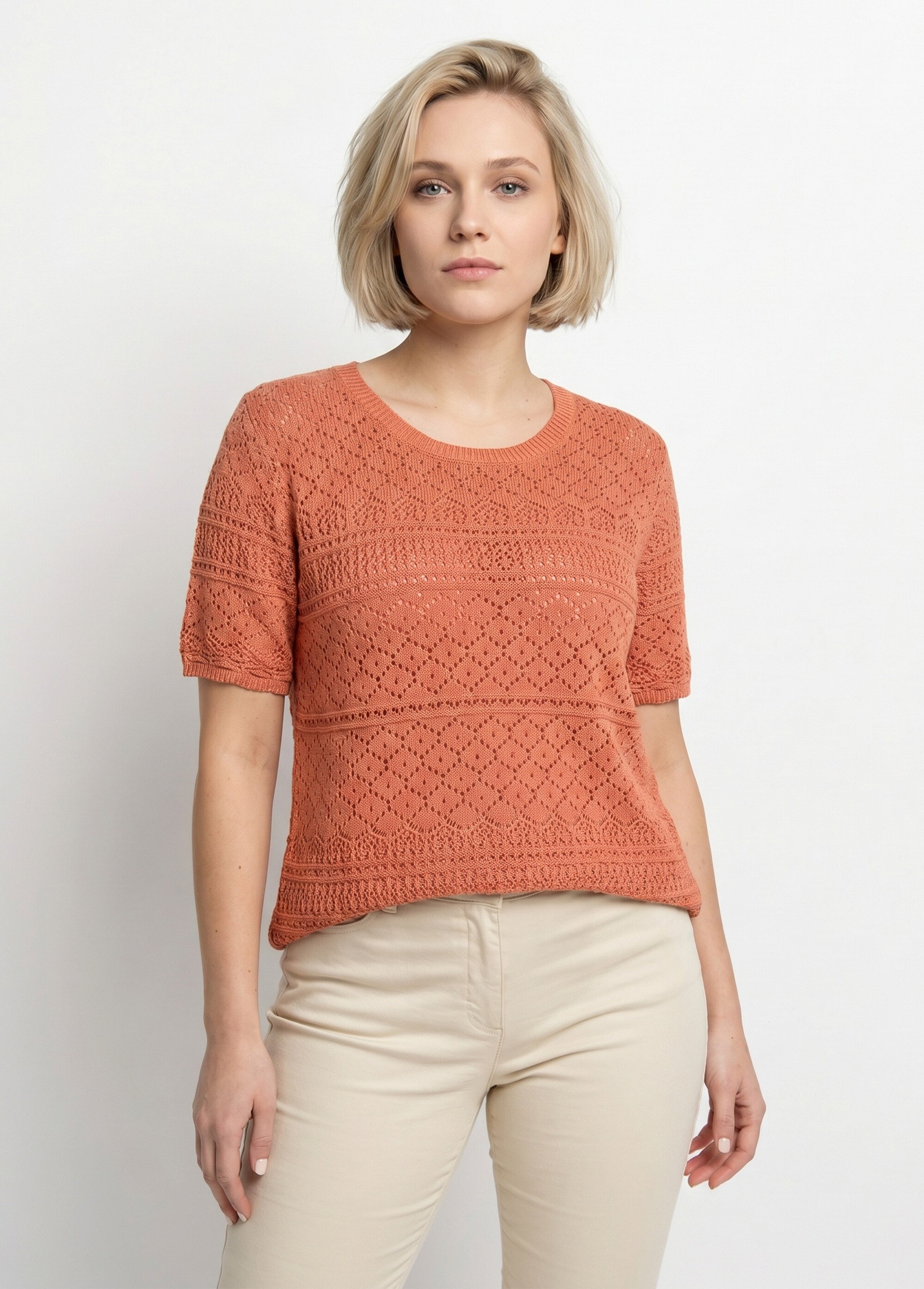 Pull manches courtes blousant ajouré col rond Femme Orange MAILLAS FA2