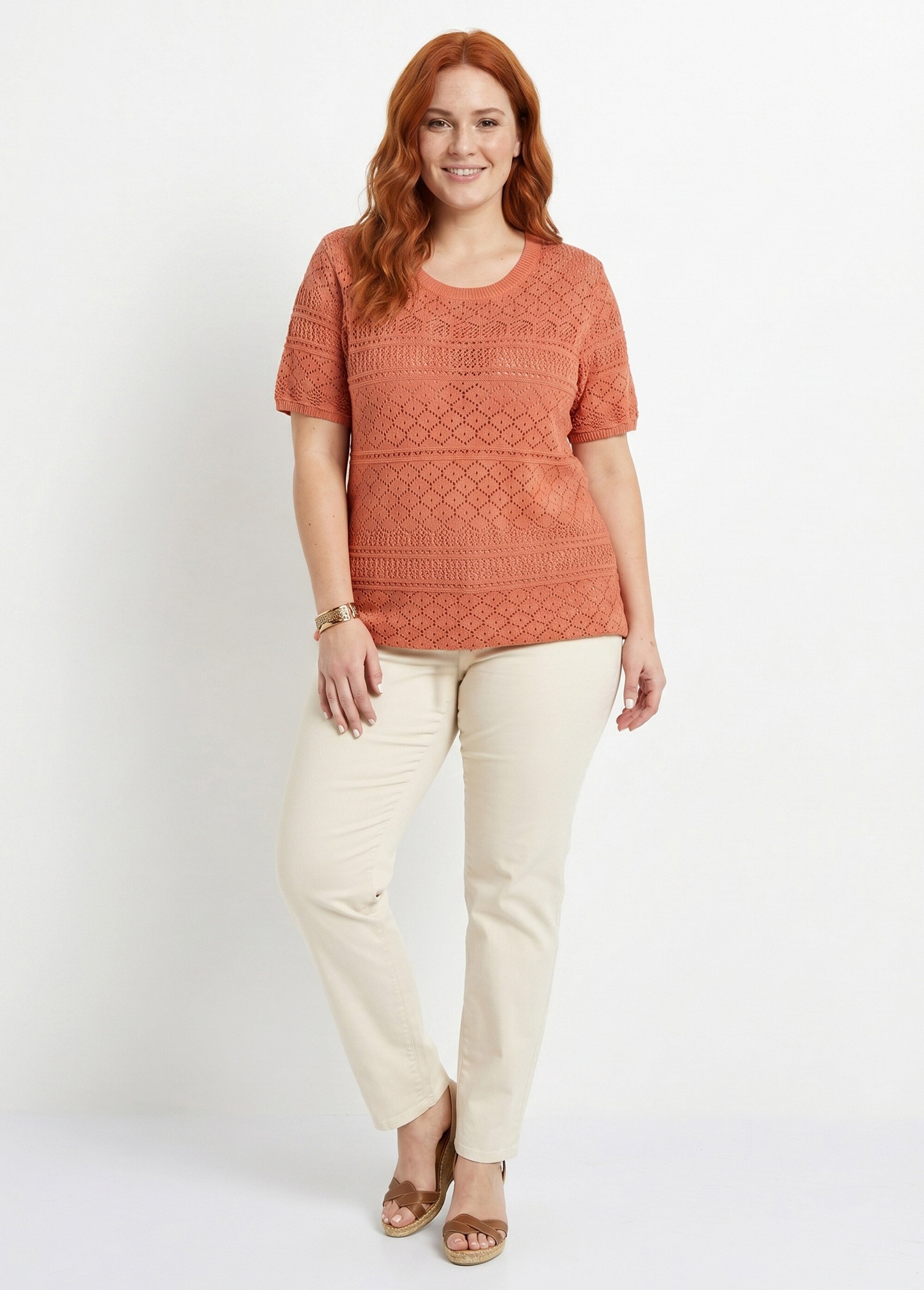 Pull manches courtes blousant ajouré col rond Femme Grande Taille Orange MAILLAS SI1