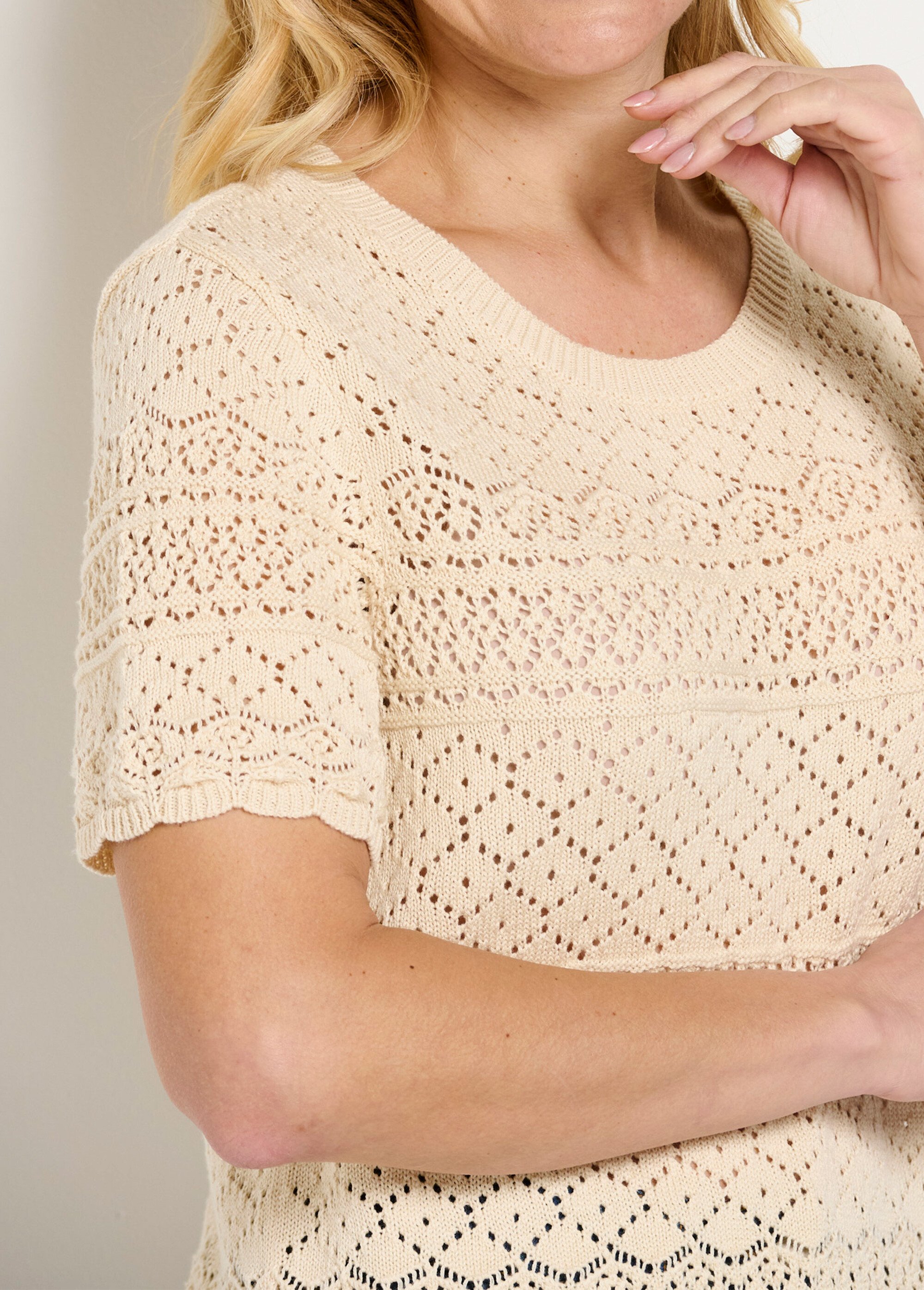 Pull manches courtes blousant ajouré col rond Femme Beige MAILLAS DE1