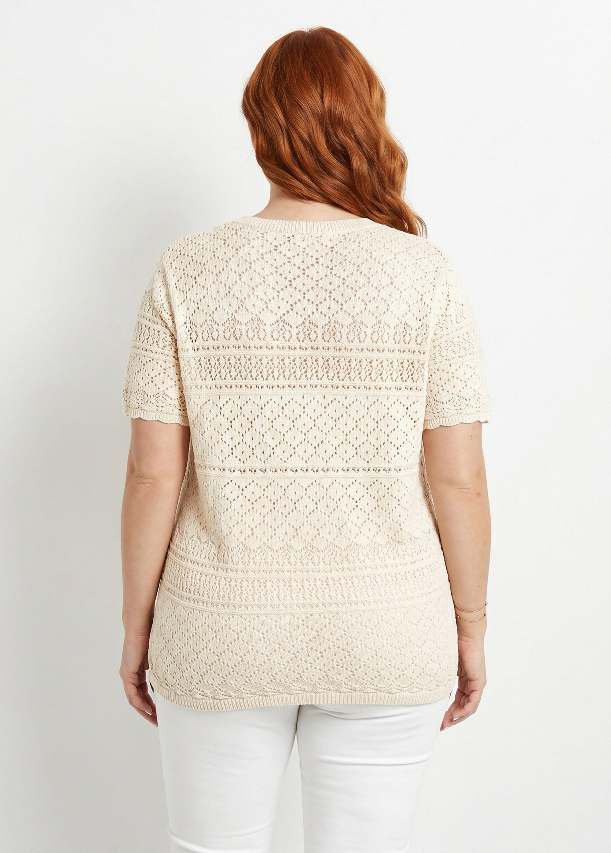 Pull manches courtes blousant ajouré col rond