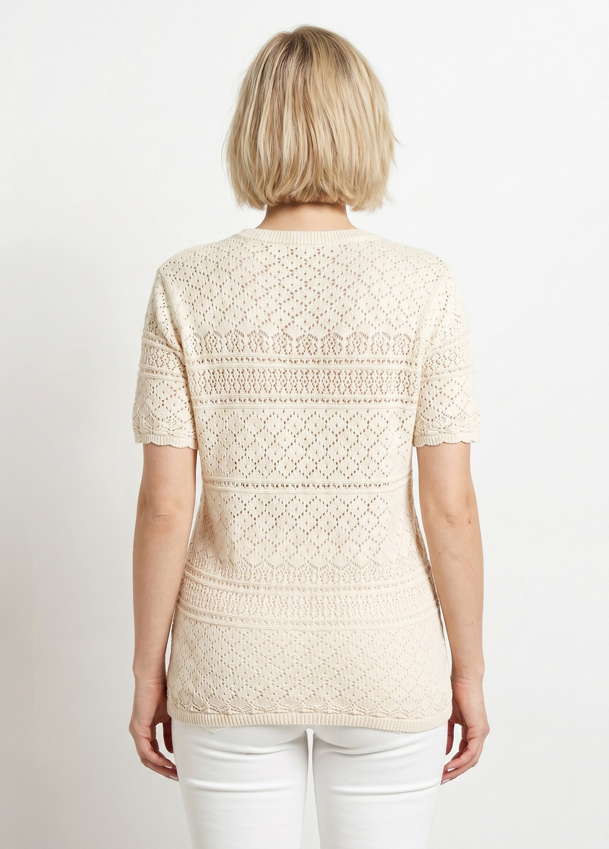Pull manches courtes blousant ajouré col rond
