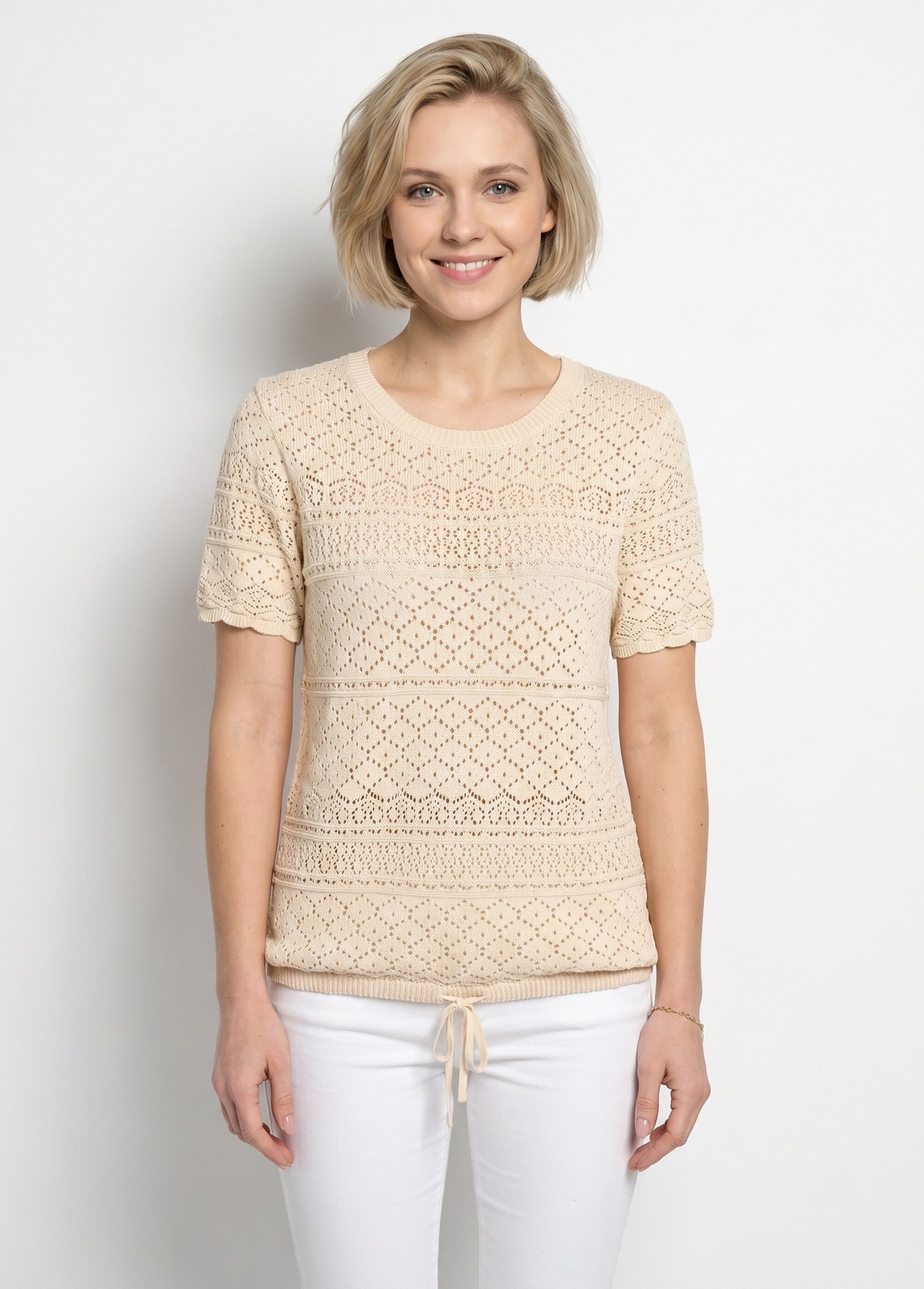 Pull manches courtes blousant ajouré col rond Femme Beige MAILLAS FA1
