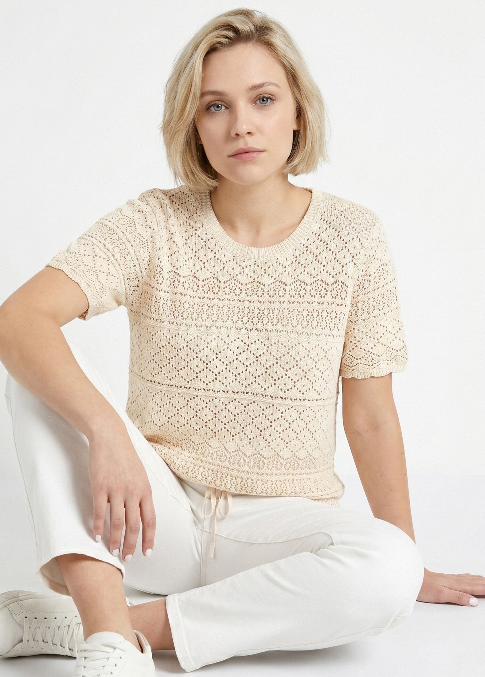 Pull manches courtes blousant ajouré col rond Femme Beige MAILLAS MV1