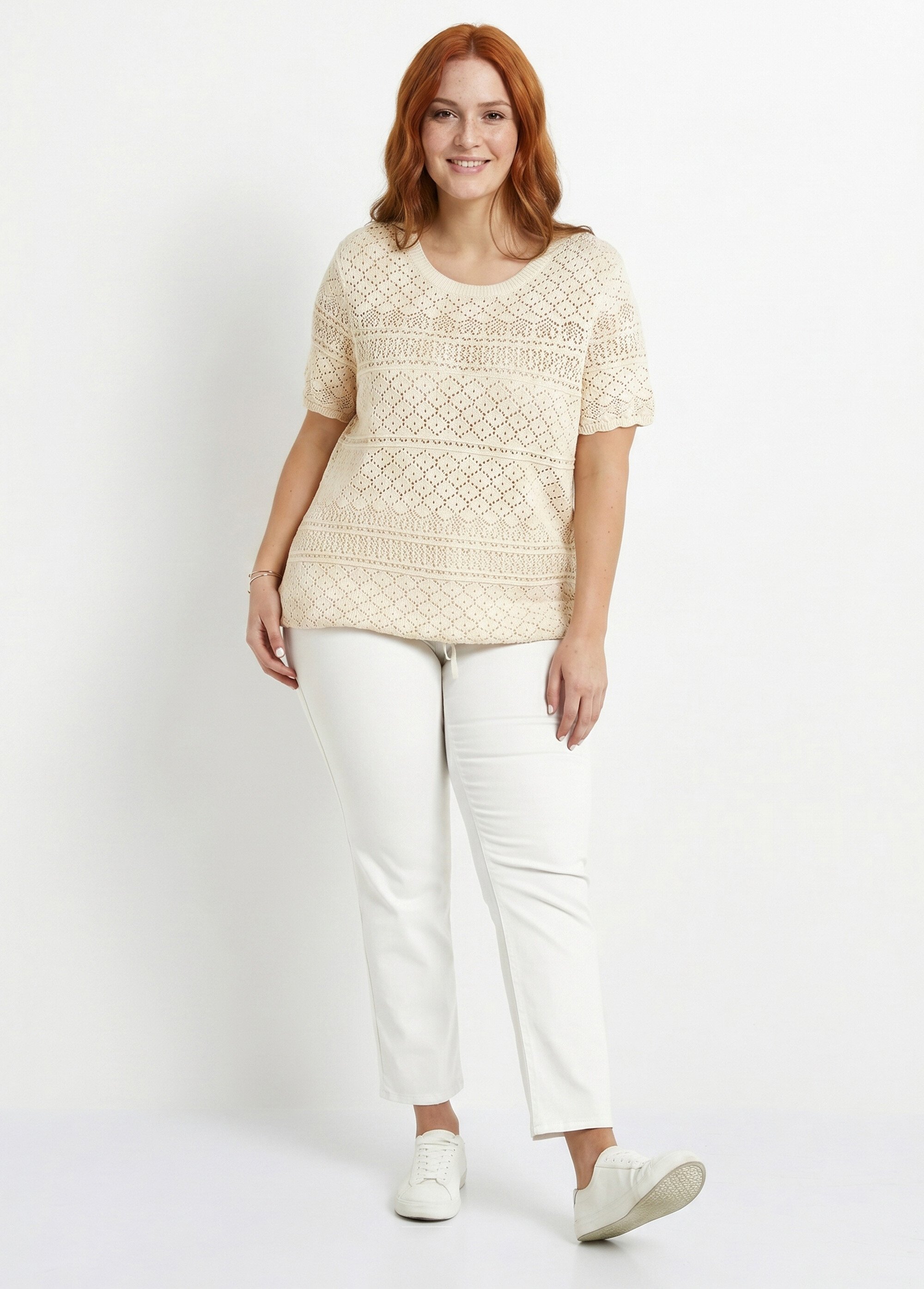 Pull manches courtes blousant ajouré col rond Femme Grande Taille Beige MAILLAS SI1