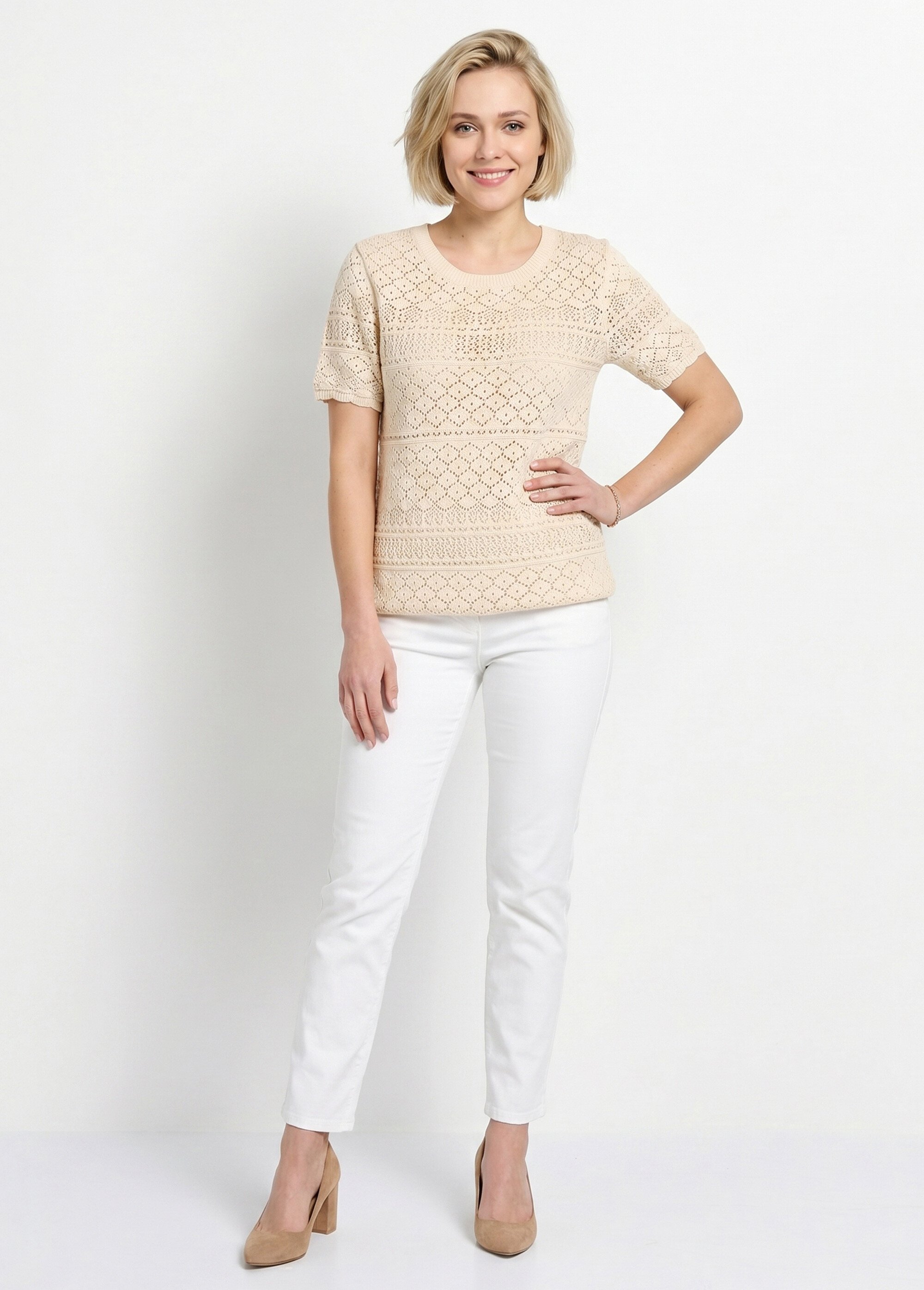 Pull manches courtes blousant ajouré col rond Femme Beige MAILLAS SI1