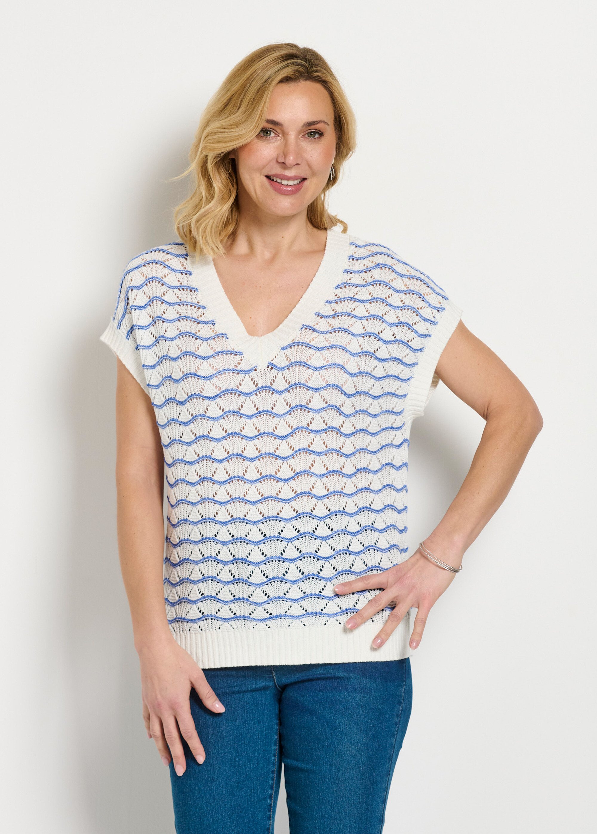 Pull sans manches col V ajouré bicolore Femme Bleu MAYLIS FA2