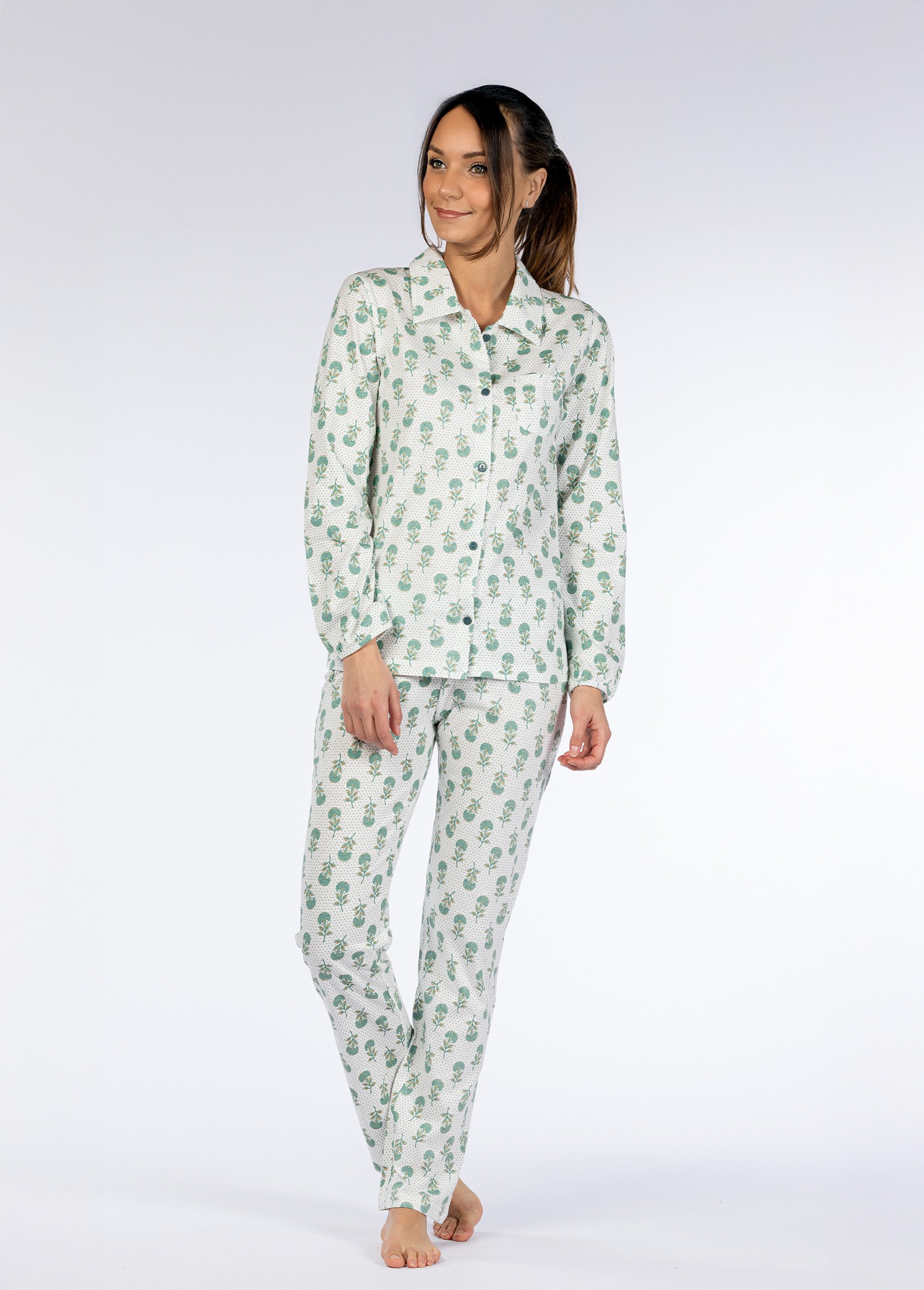 Pyjama long imprimé boutonné Femme Vert CTMBE.ANJA.PYGT FA1