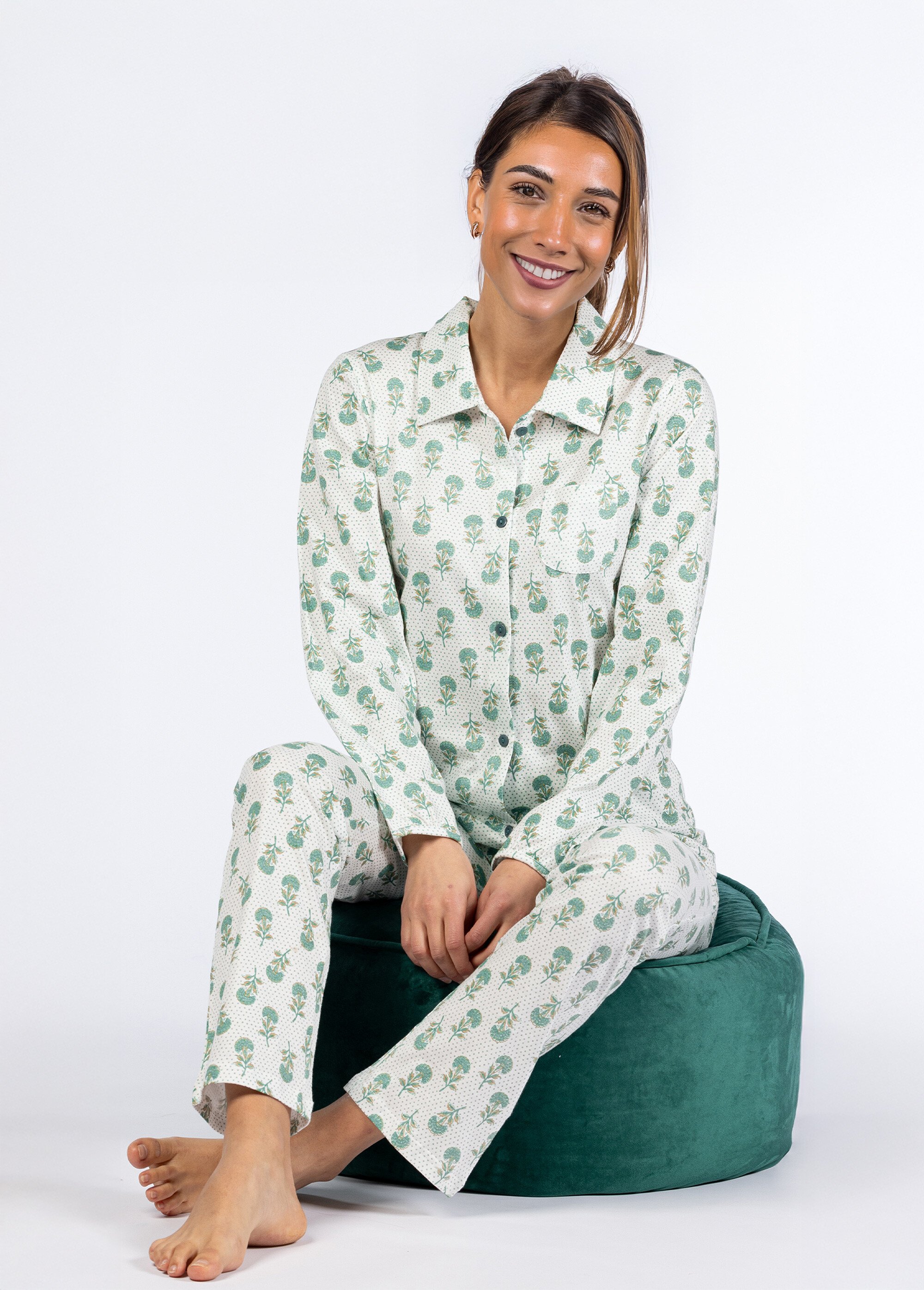 Pyjama long imprimé boutonné Femme Vert CTMBE.ANJA.PYGT SI1