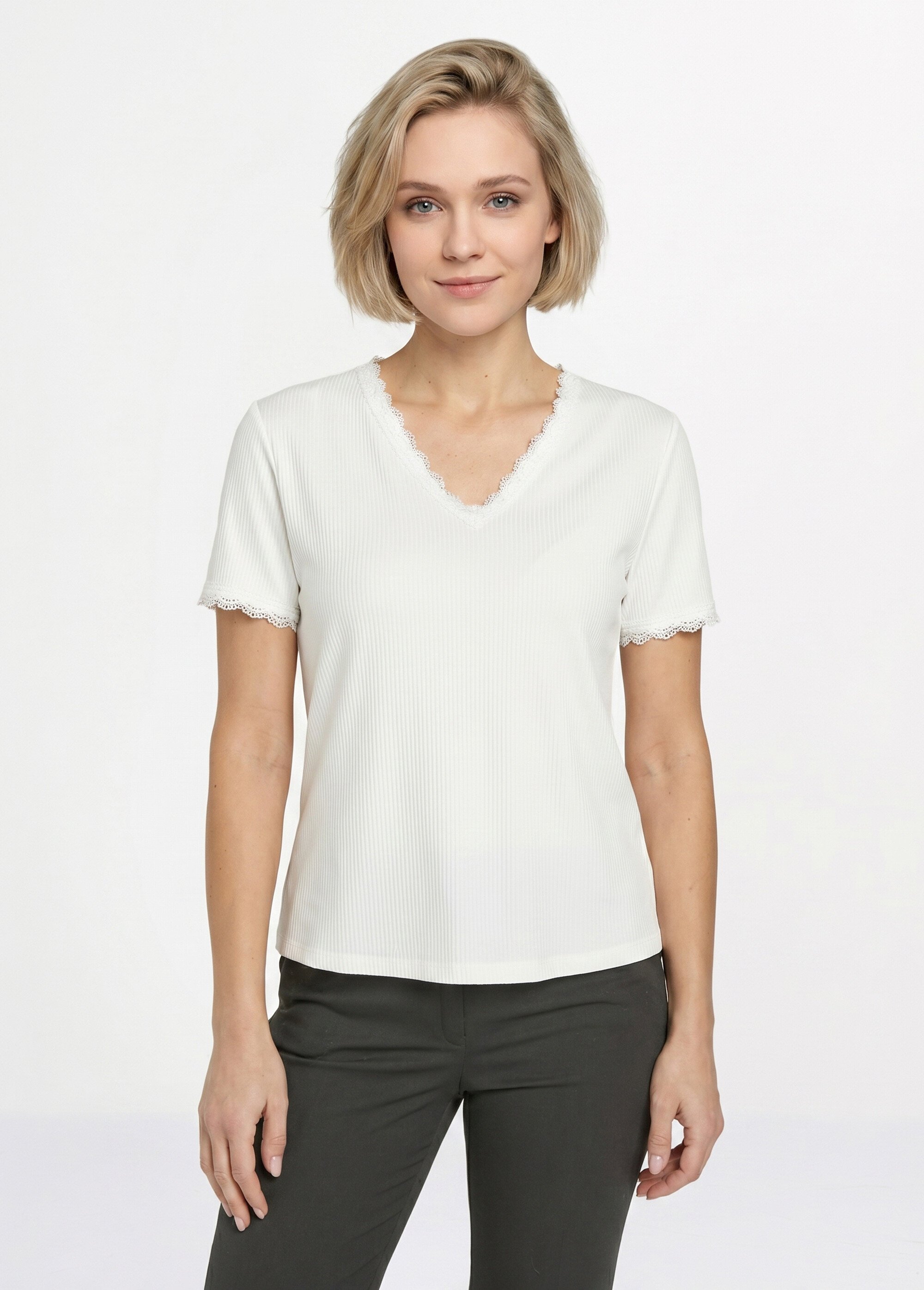 T-shirt col V manches courtes dentelle Femme Blanc CACHOU FA1
