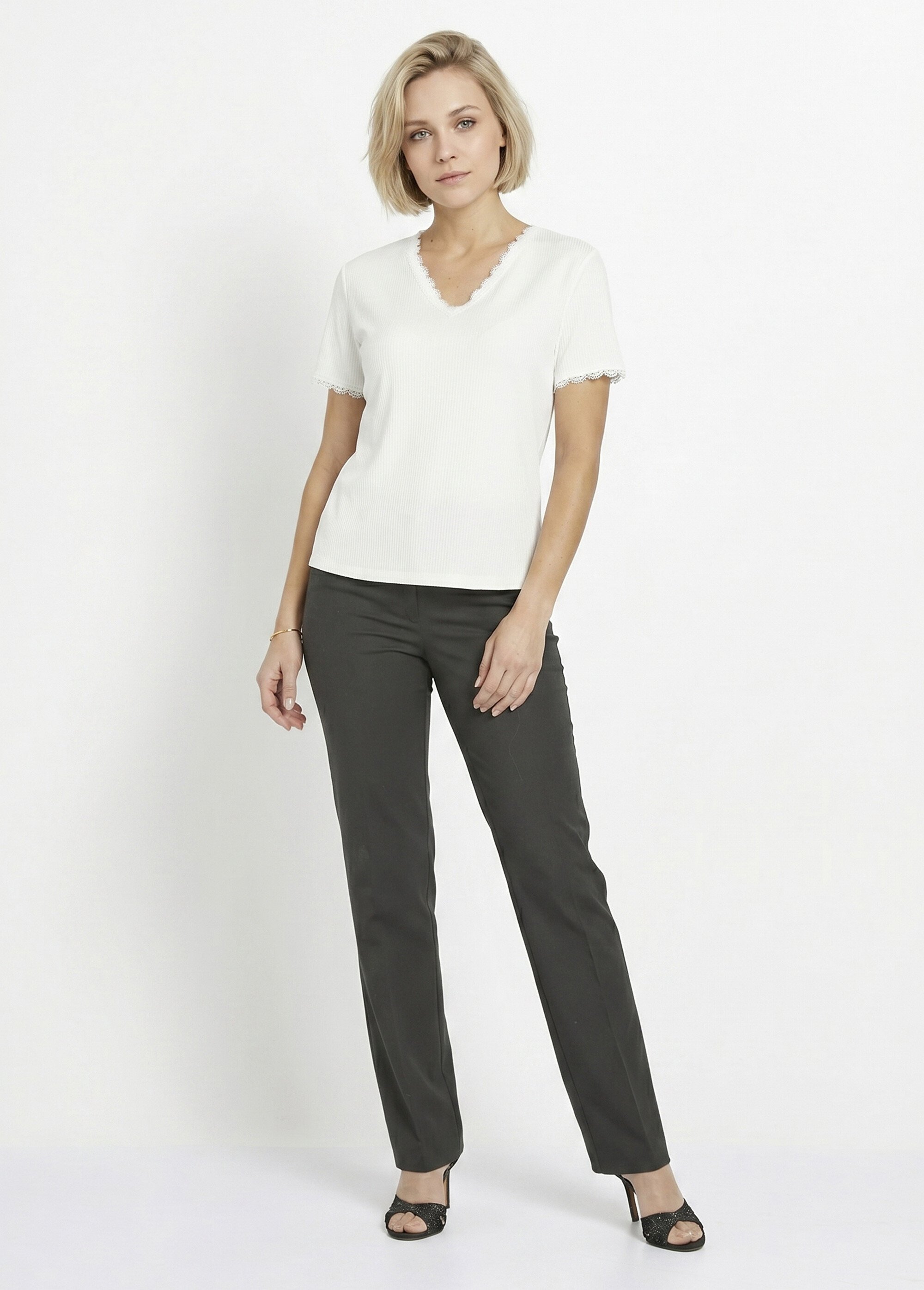 T-shirt col V manches courtes dentelle Femme Blanc CACHOU SI1