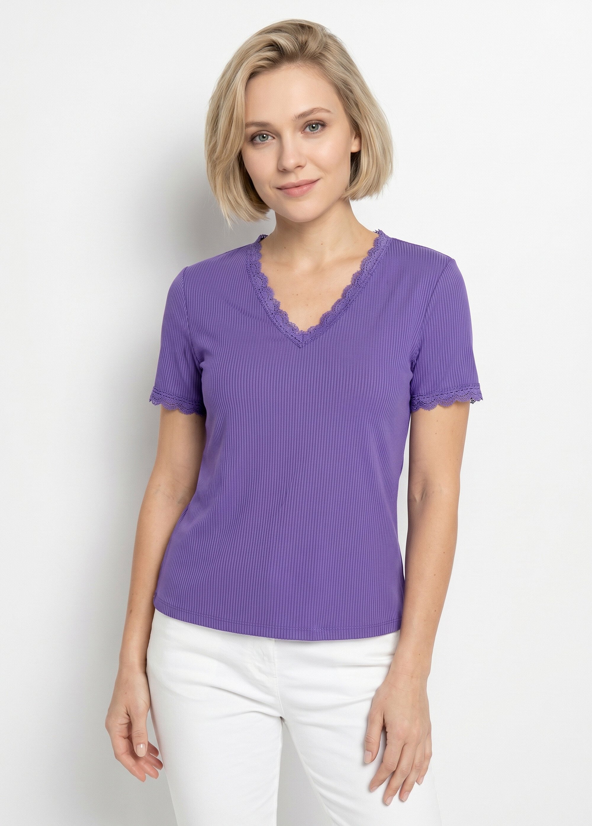T-shirt col V manches courtes dentelle Femme Violet CACHOU FA1