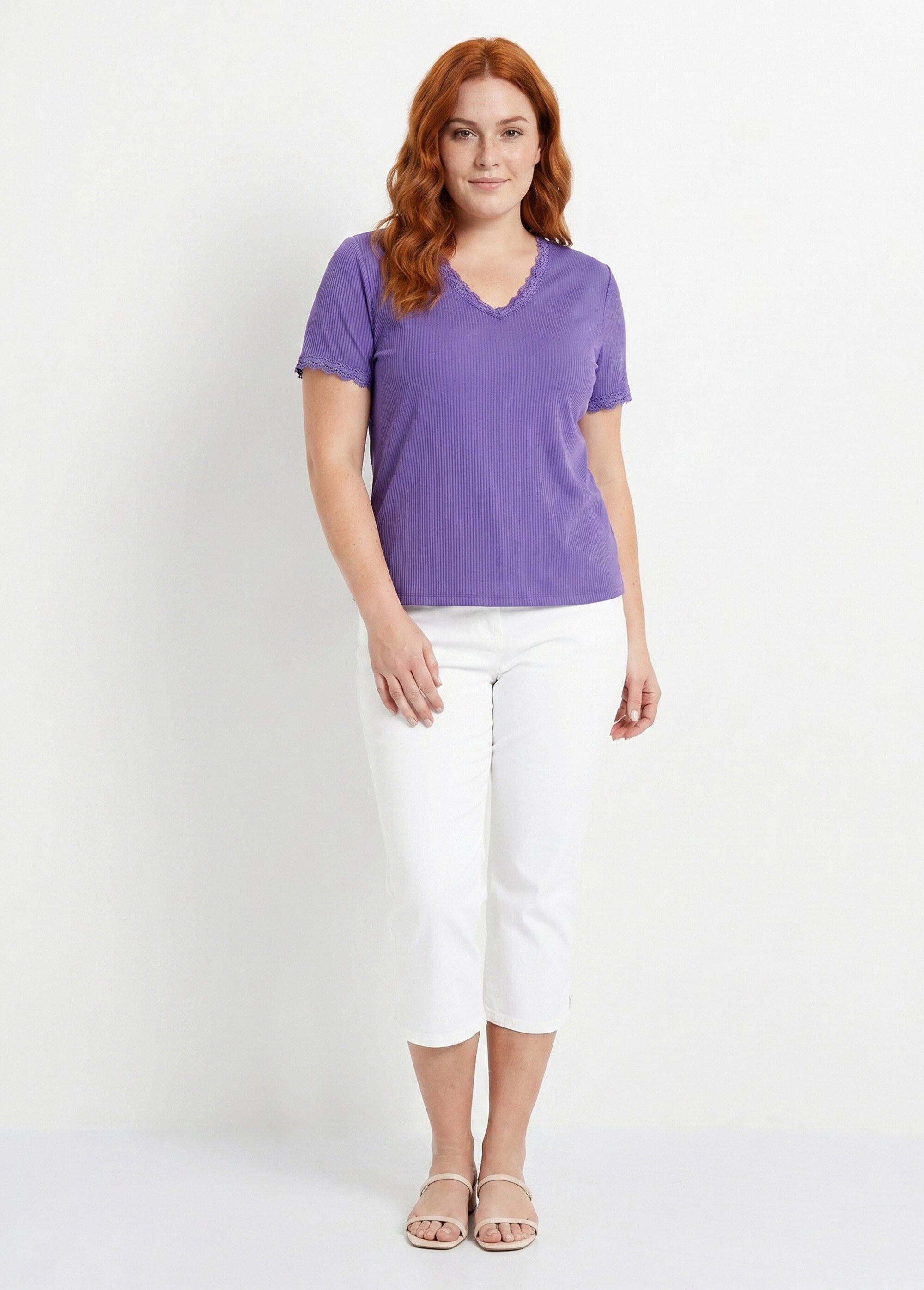 T-shirt col V manches courtes dentelle Femme Grande Taille Violet CACHOU SI1
