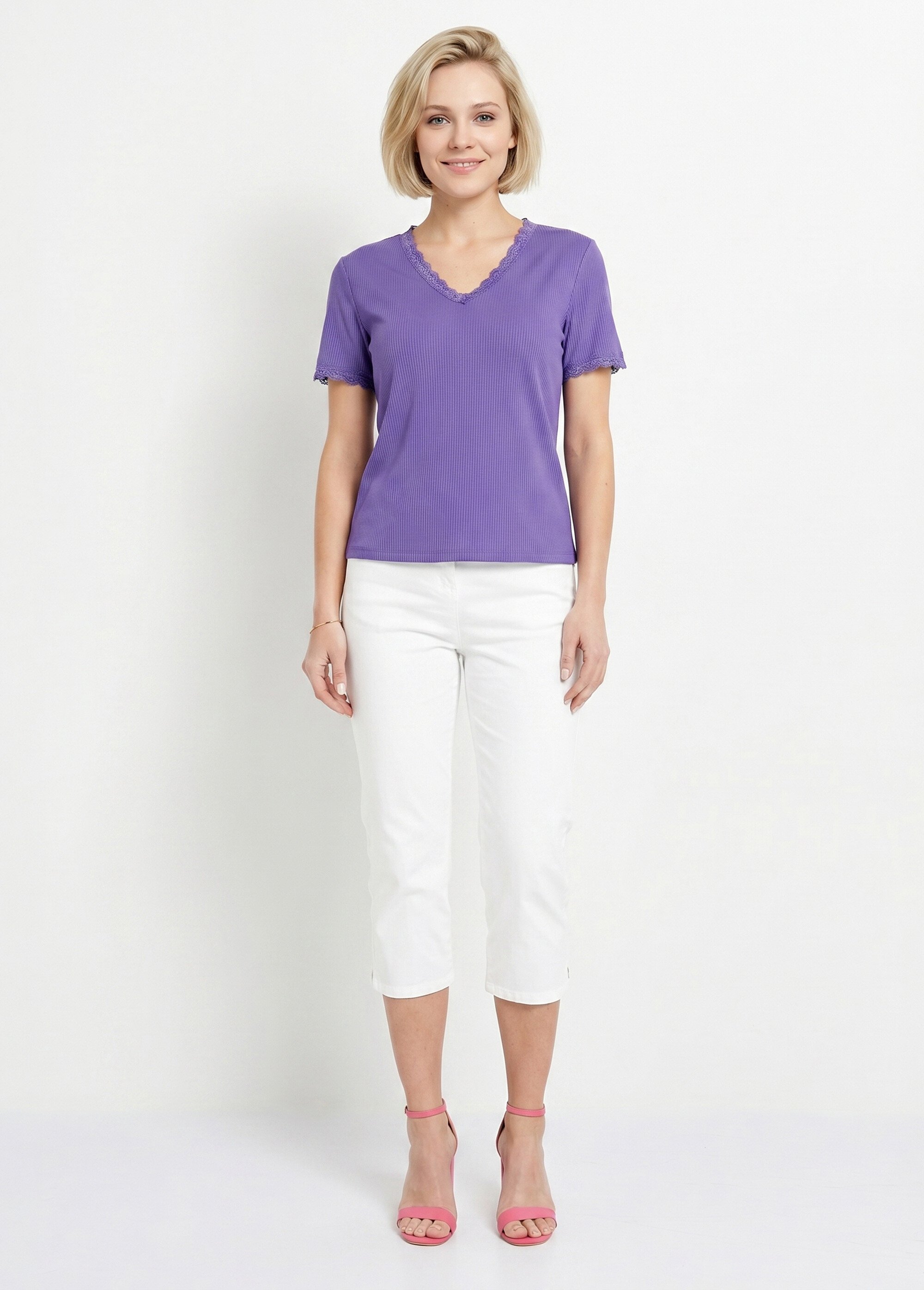 T-shirt col V manches courtes dentelle Femme Violet CACHOU SI1