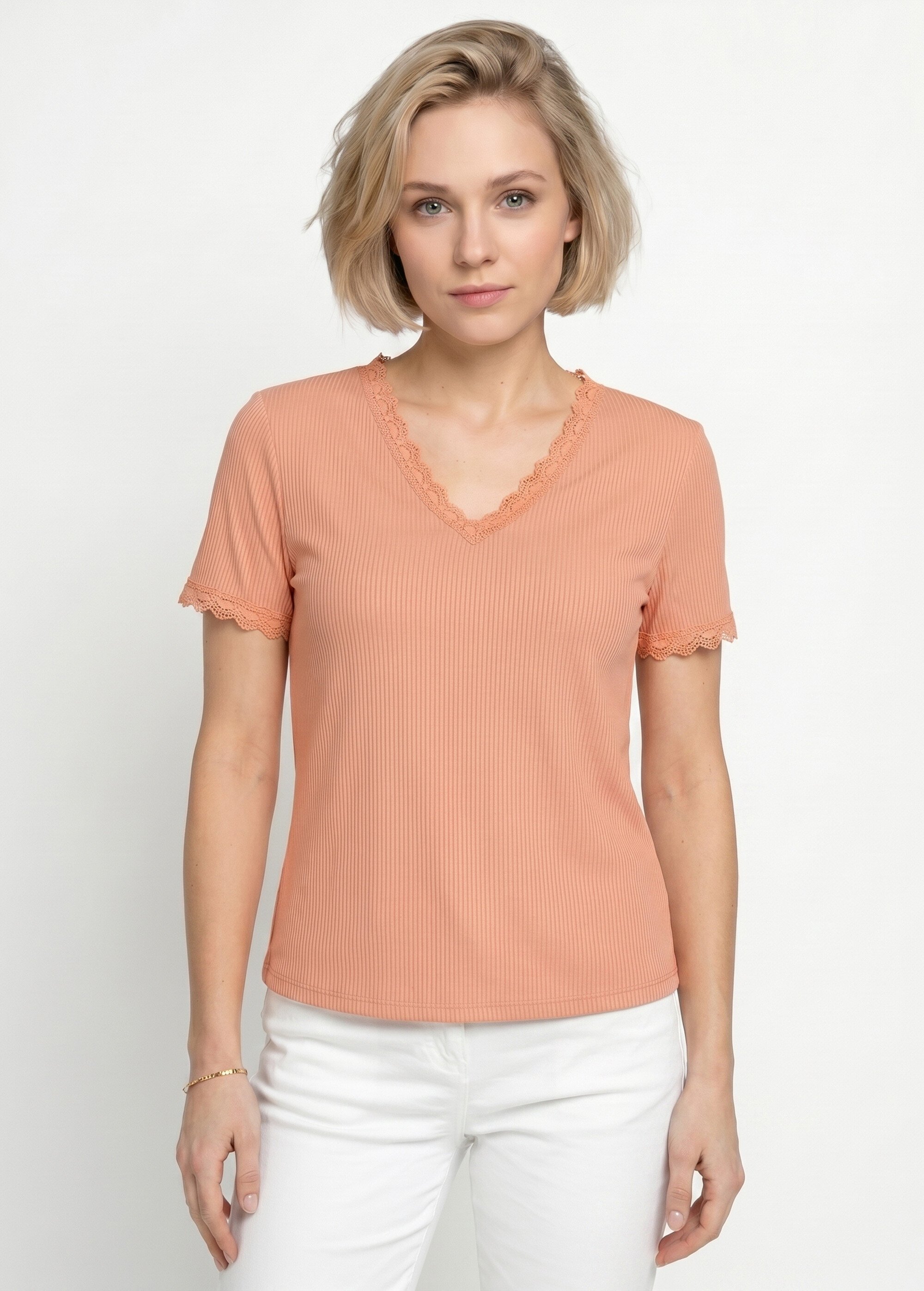 T-shirt col V fines côtes dentelle manches courtes Femme Rose CACHOU FA1