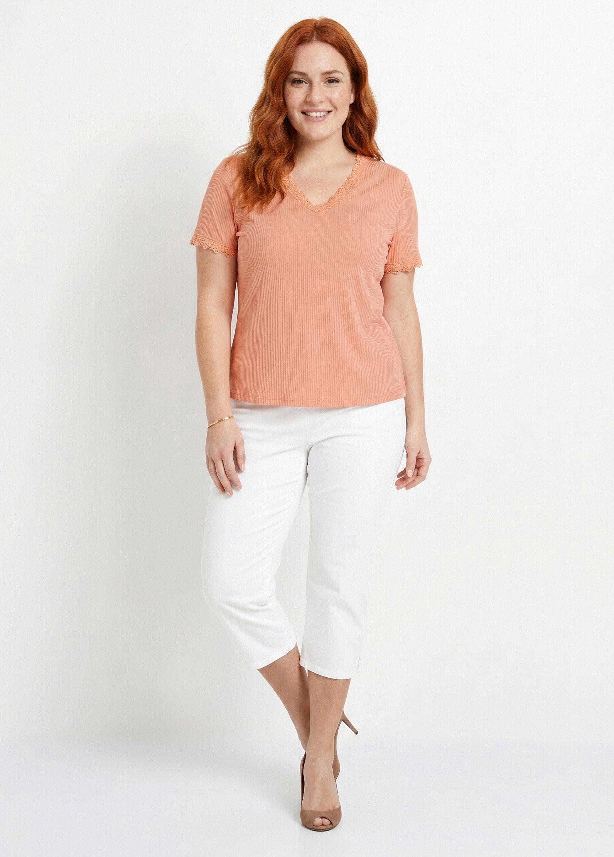T-shirt col V fines côtes dentelle manches courtes Femme Grande Taille Rose CACHOU SI1