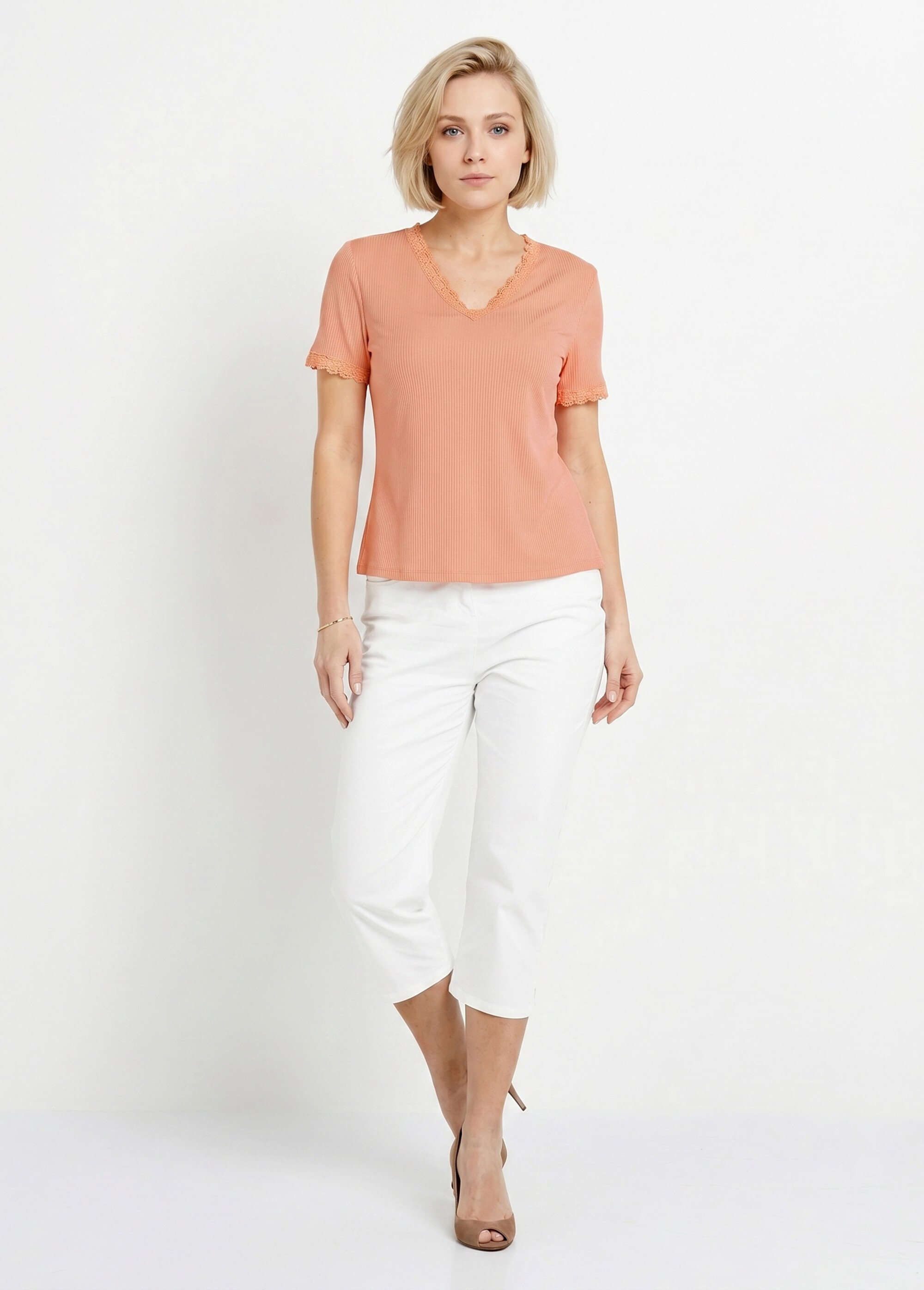 T-shirt col V fines côtes dentelle manches courtes Femme Rose CACHOU SI1