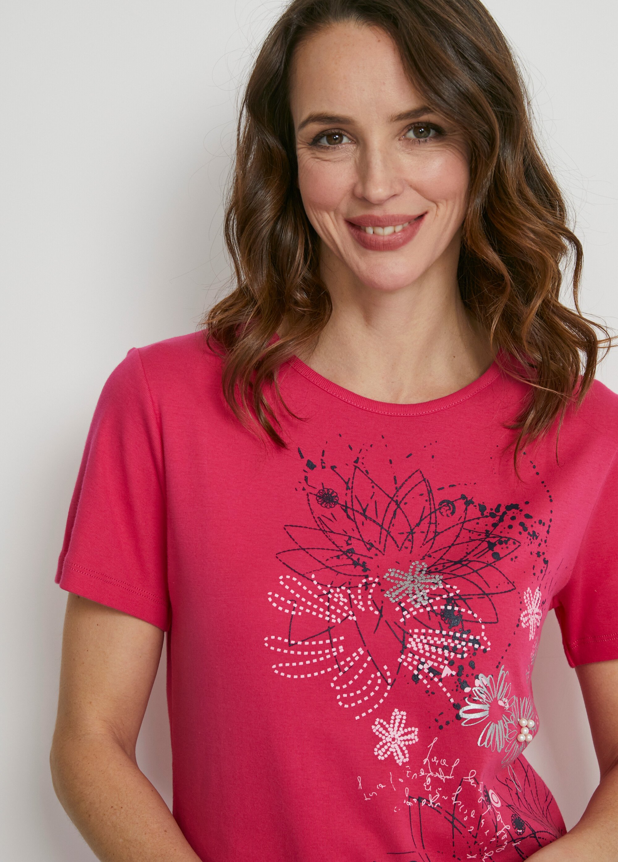 T-shirt long motif fleuri fentes côtés