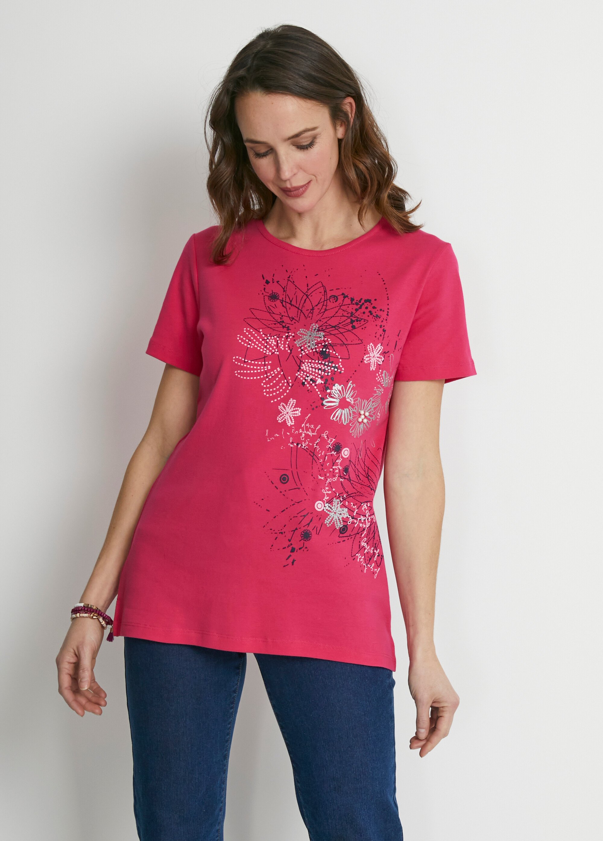 T-shirt long motif fleuri fentes côtés
