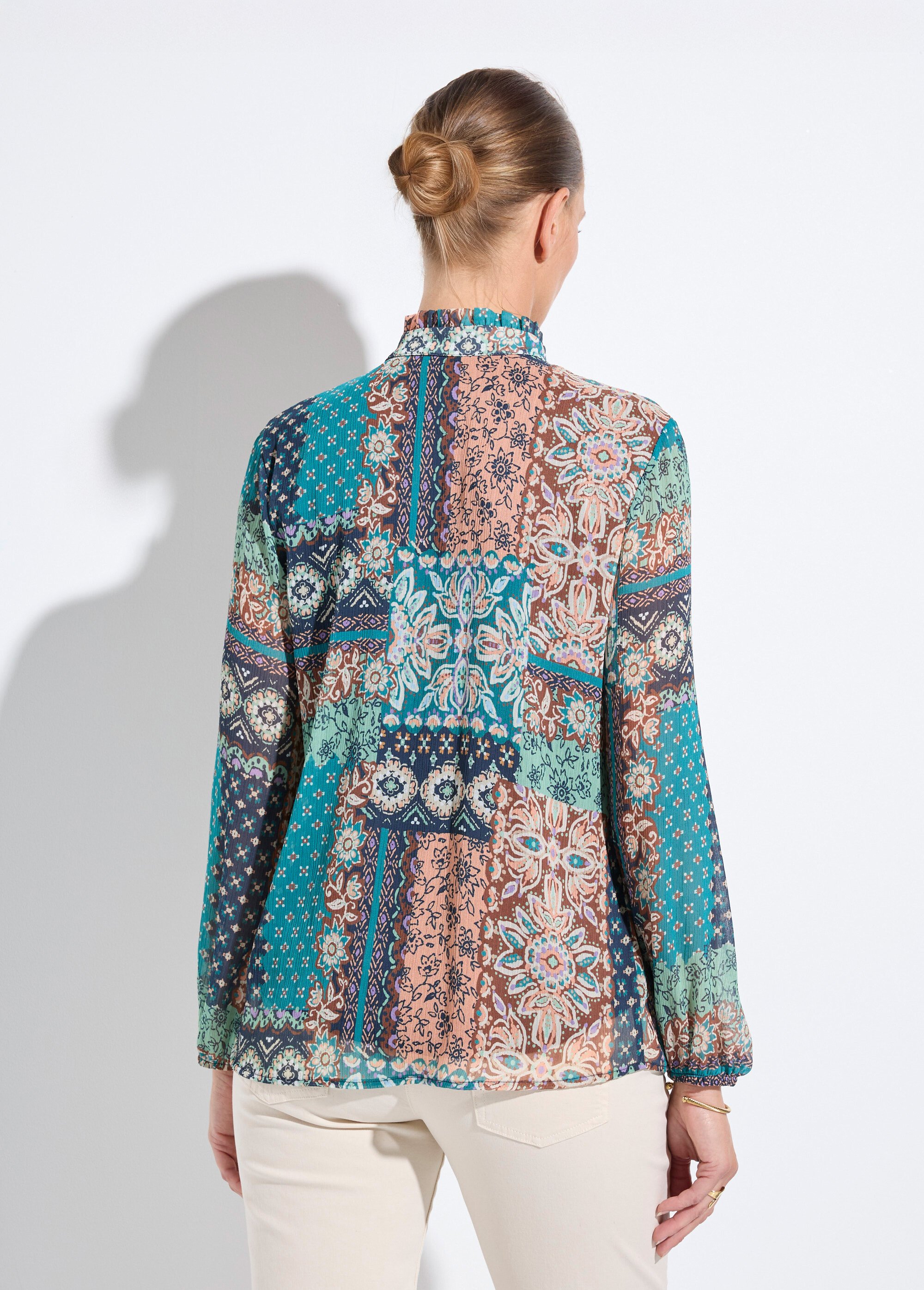 Tunique col volanté voile crépon imprimé patchwork