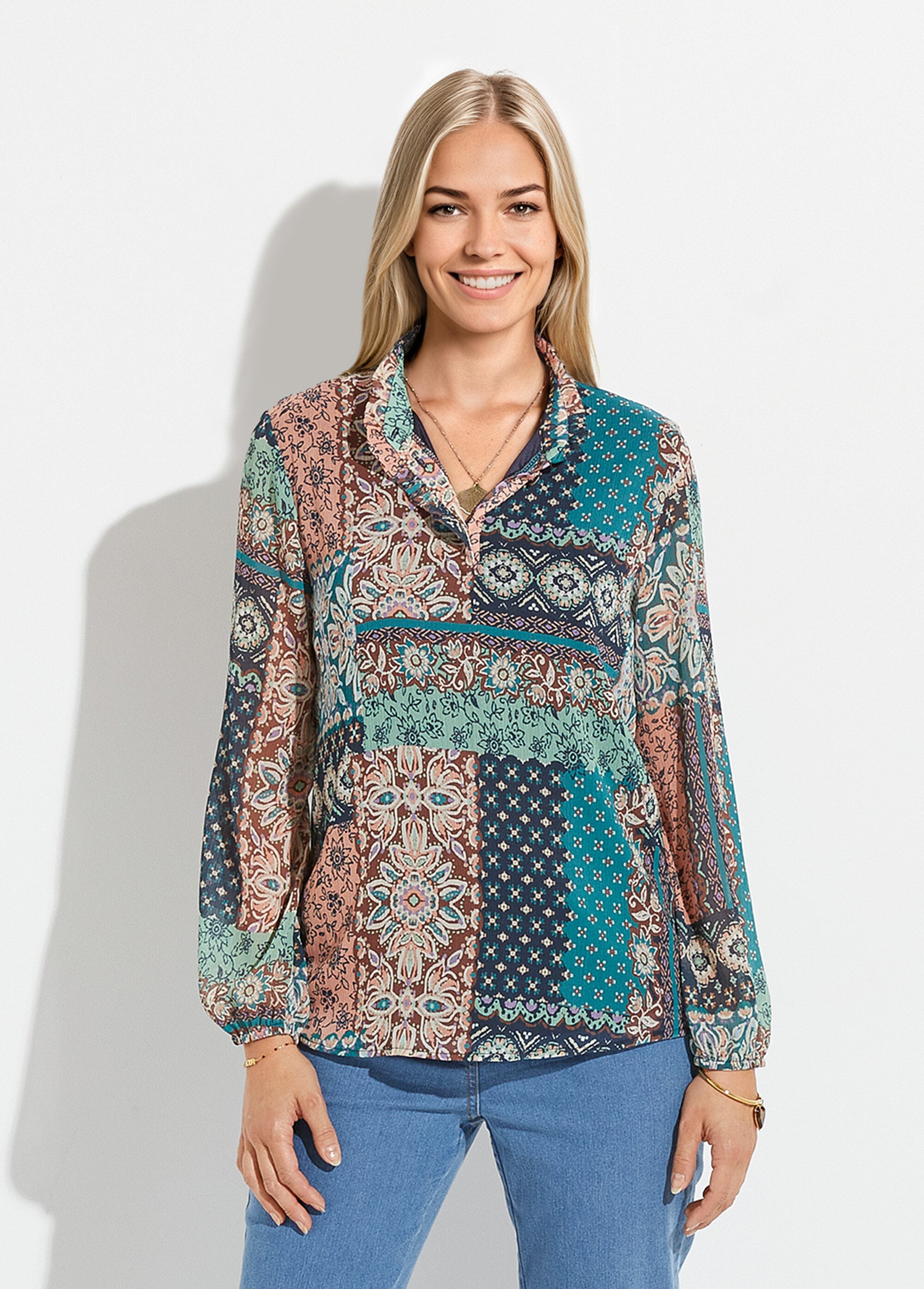 Tunique col volanté voile crépon imprimé patchwork Femme Vert CARMELLE FA1