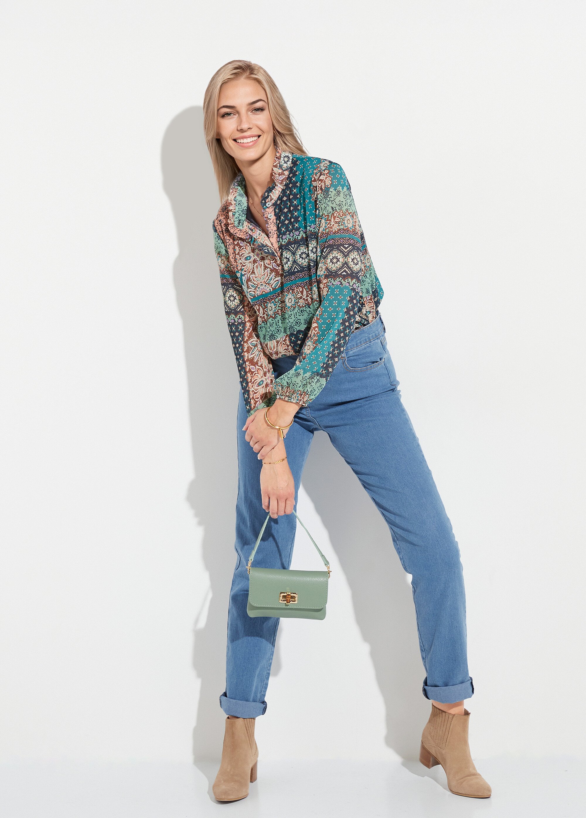 Tunique col volanté voile crépon imprimé patchwork