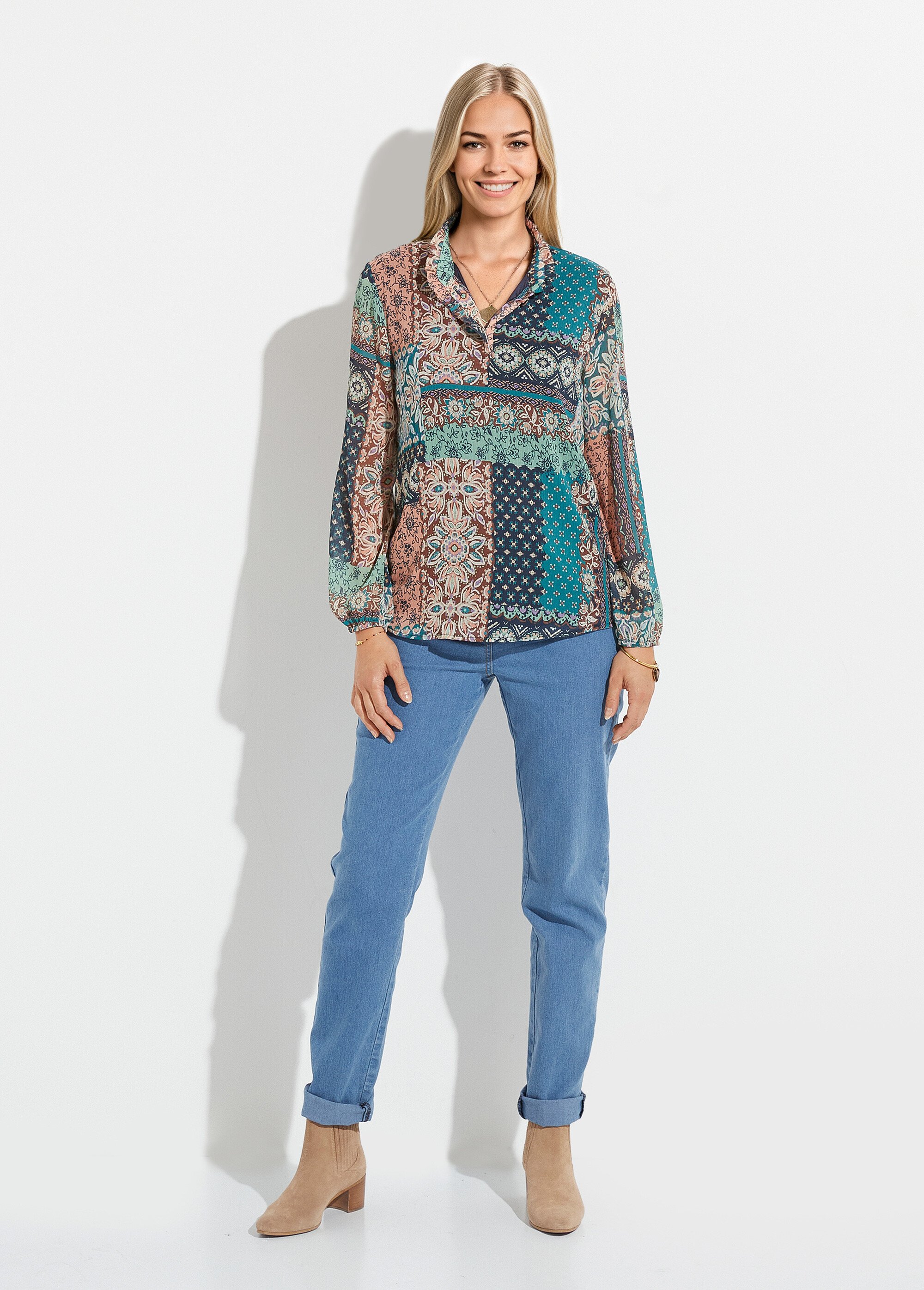 Tunique col volanté voile crépon imprimé patchwork Femme Vert CARMELLE SF1