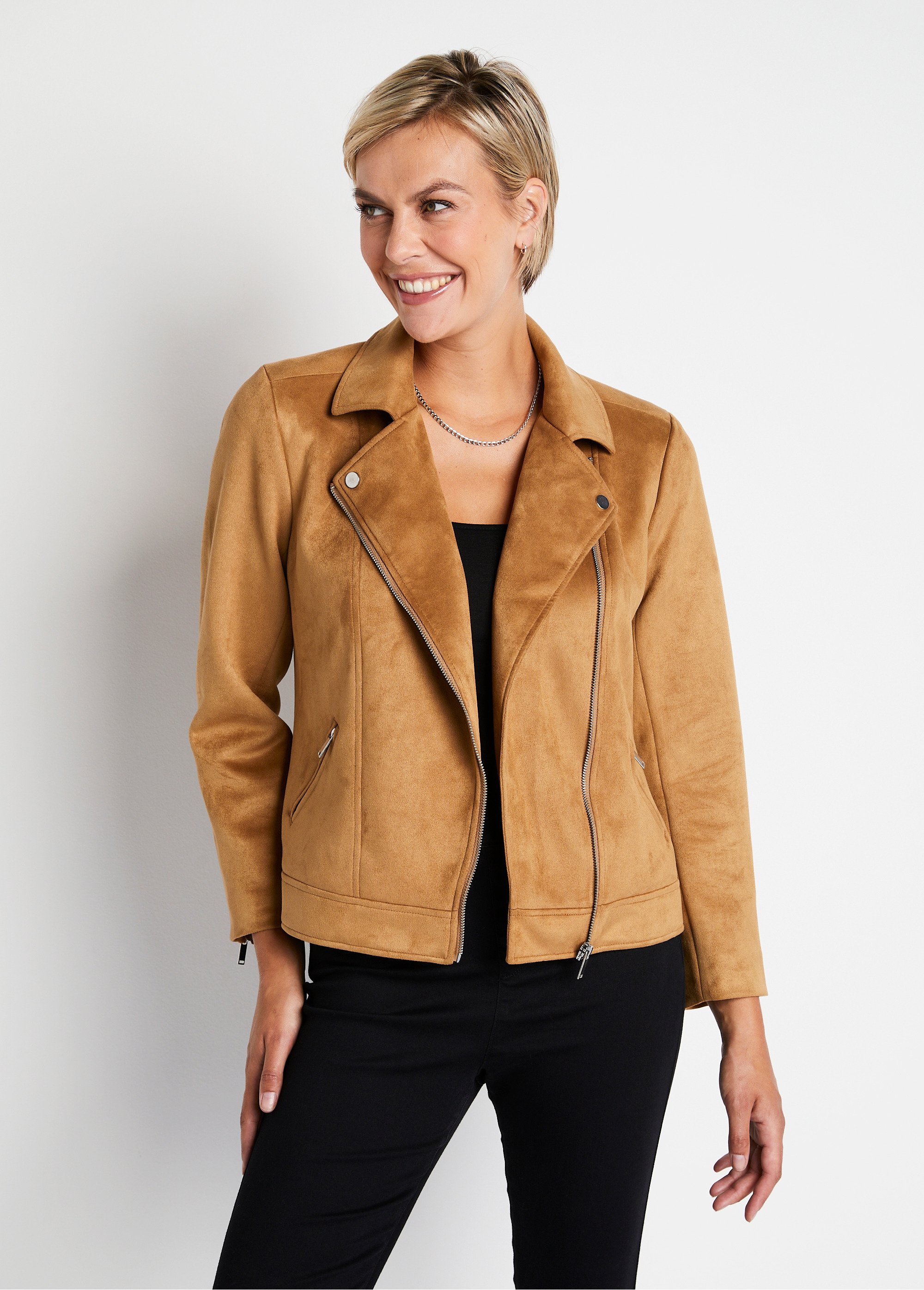 Blouson zippé court tissu suédé Femme Beige TORCY FA2