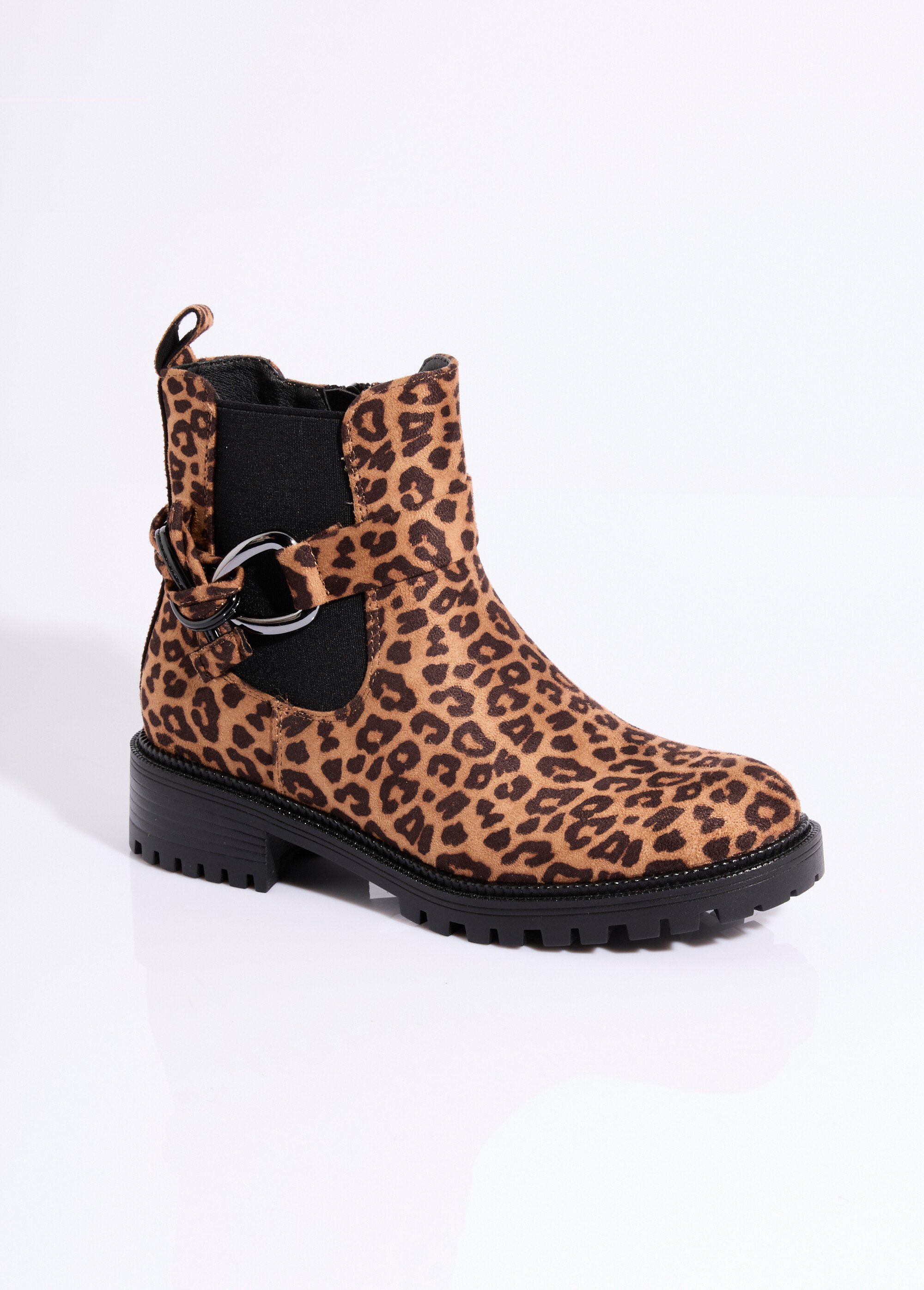 Boots plates en suédine motif léopard Femme Noir ERYM-775 FA1