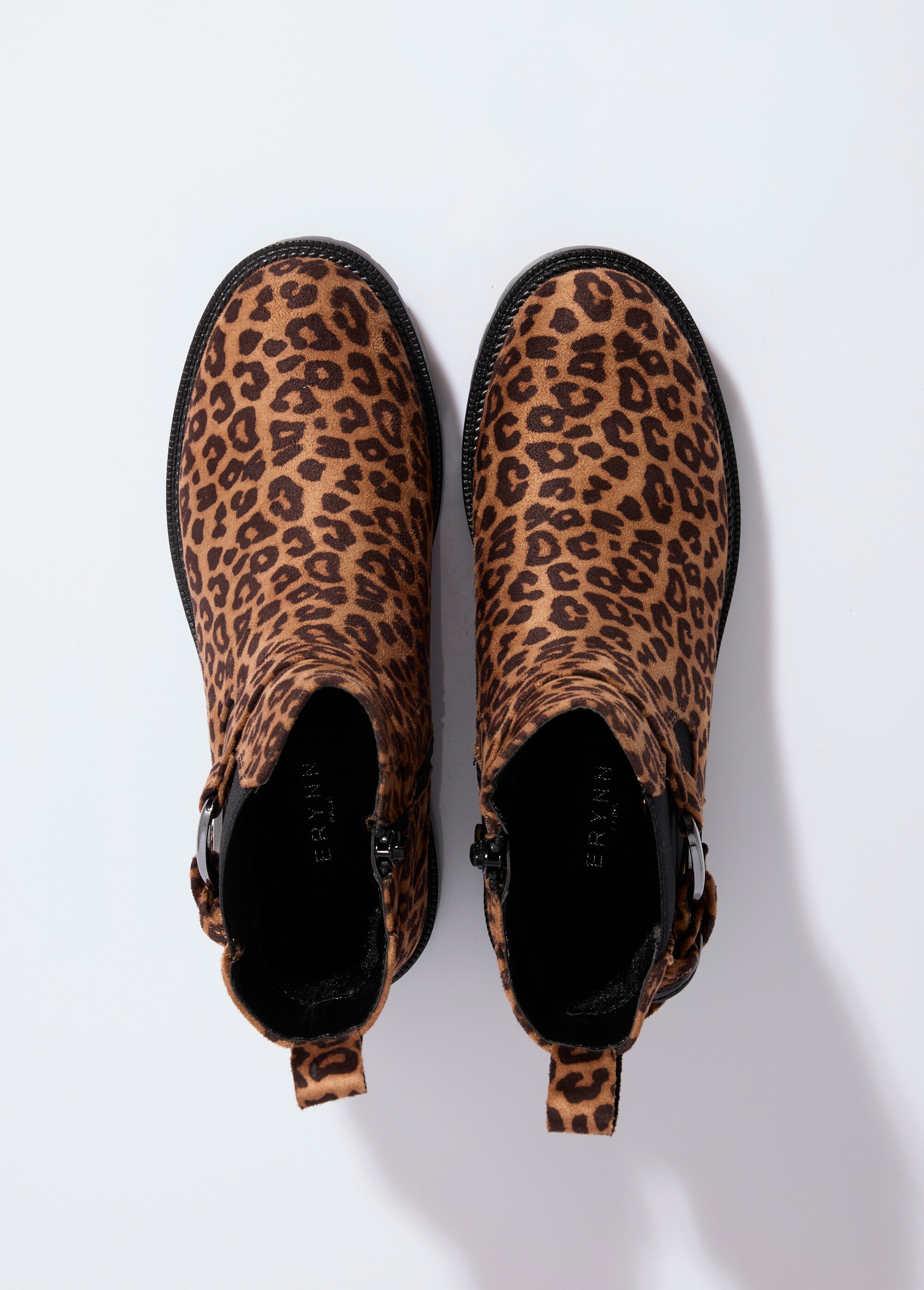 Boots plates en suédine motif léopard Femme Noir ERYM-775 OV1
