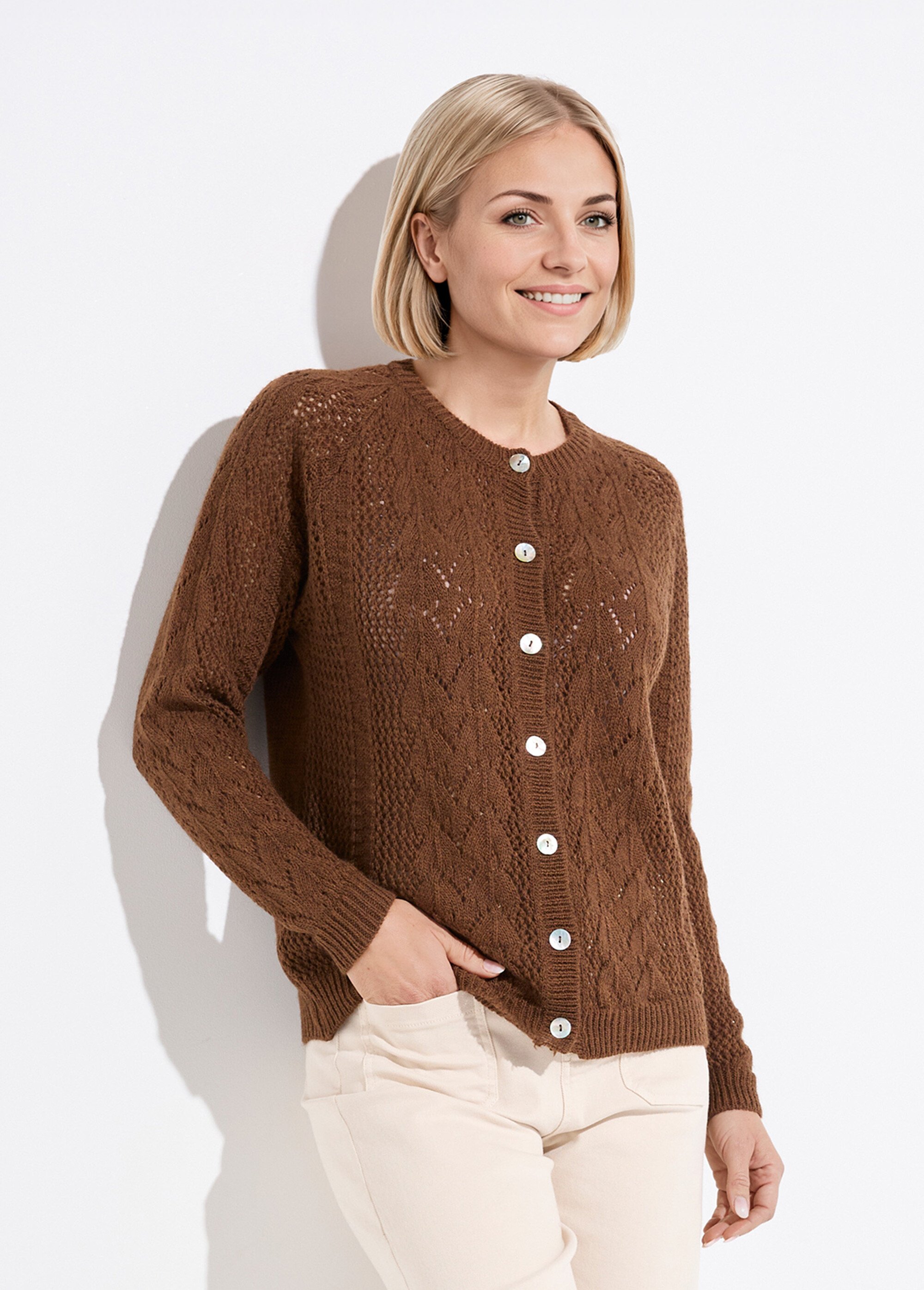 Gilet boutonné ajouré avec laine et cachemire Femme Marron PRIMO FA1