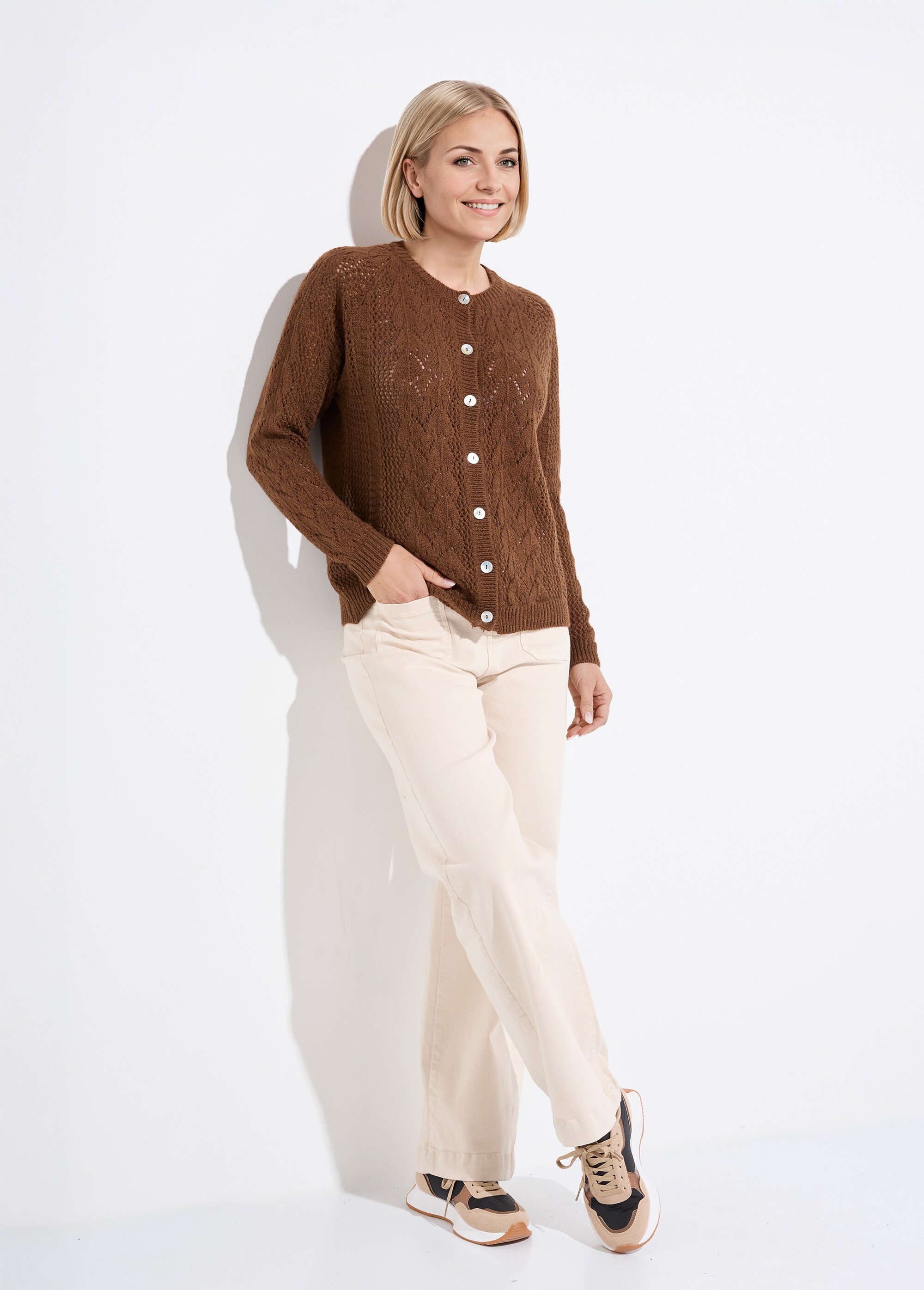 Gilet boutonné ajouré avec laine et cachemire Femme Marron PRIMO SF1