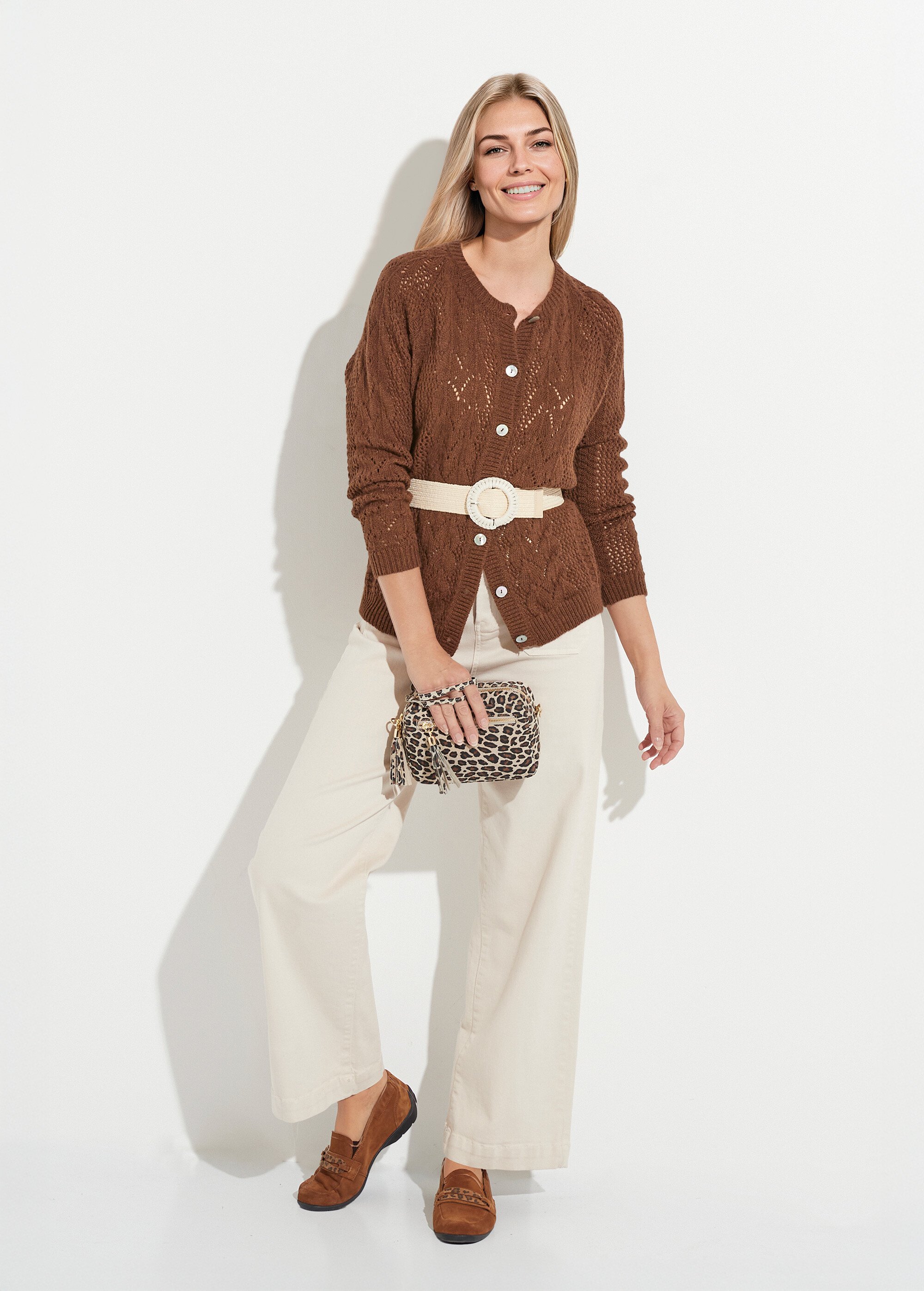 Gilet boutonné ajouré avec laine et cachemire Femme Marron PRIMO SI1