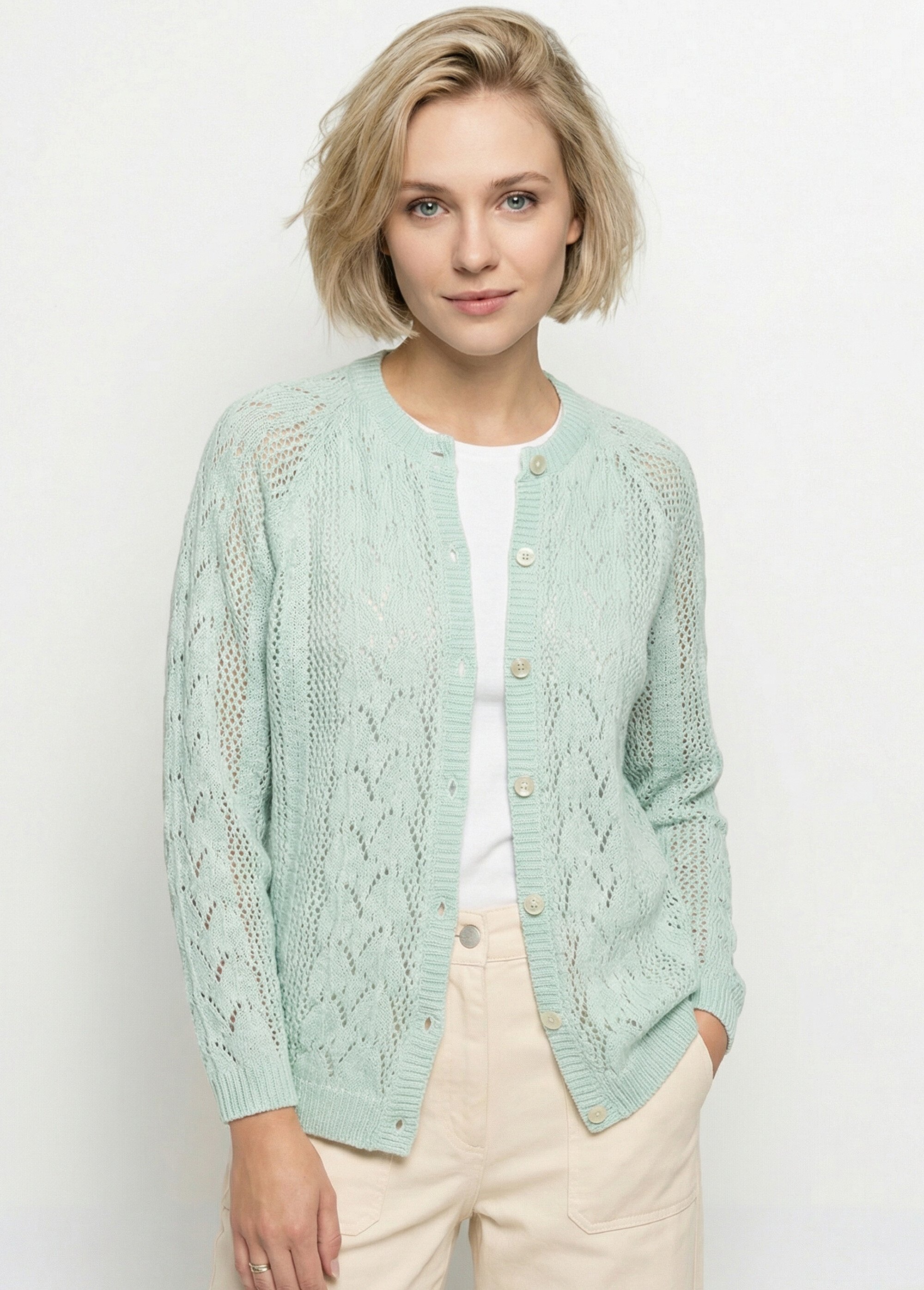 Gilet boutonné ajouré avec laine et cachemire Femme Vert PRIMO MV1