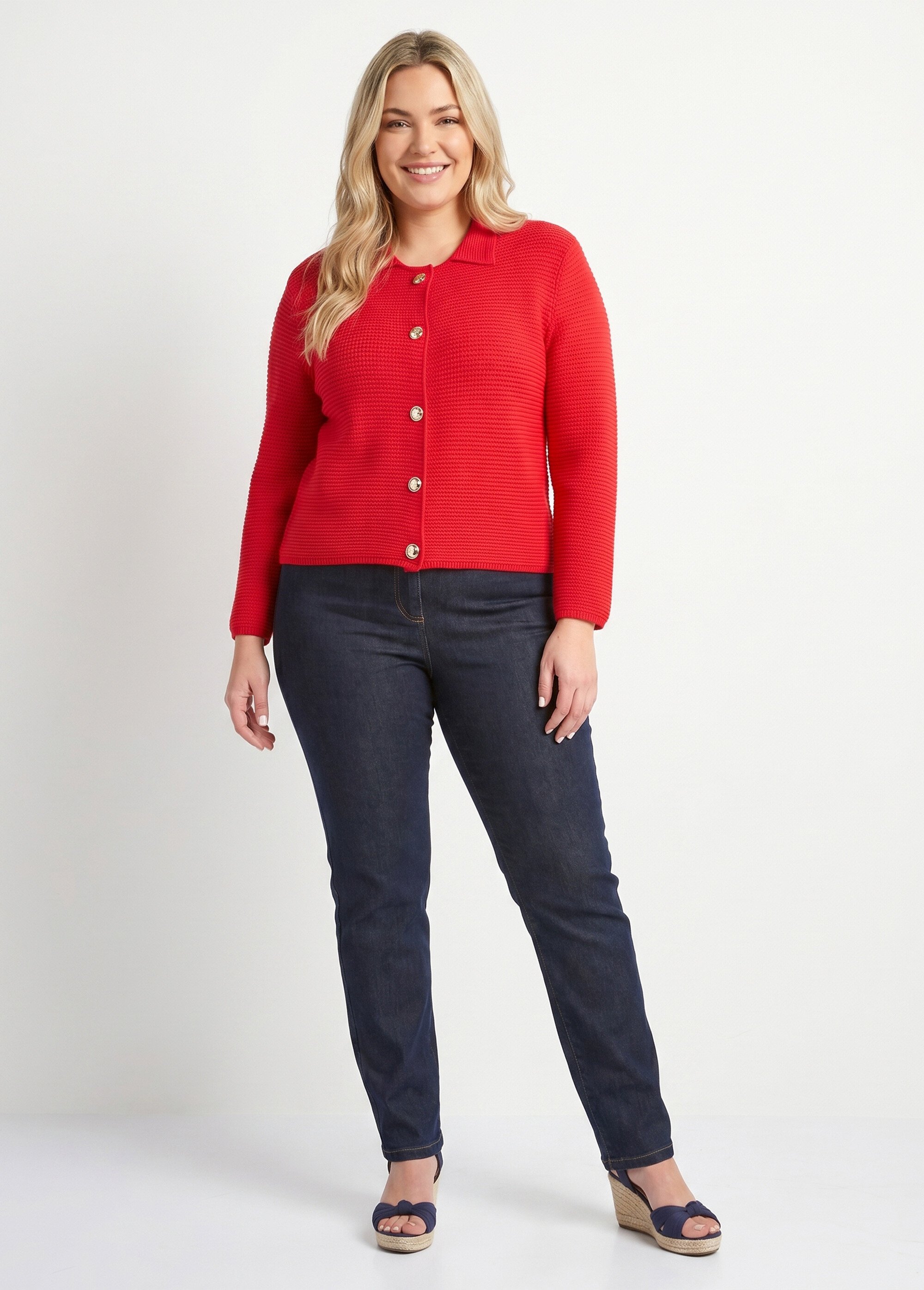 Gilet boutonné uni avec col manches longues Femme Grande Taille Rouge MARRAY SI1
