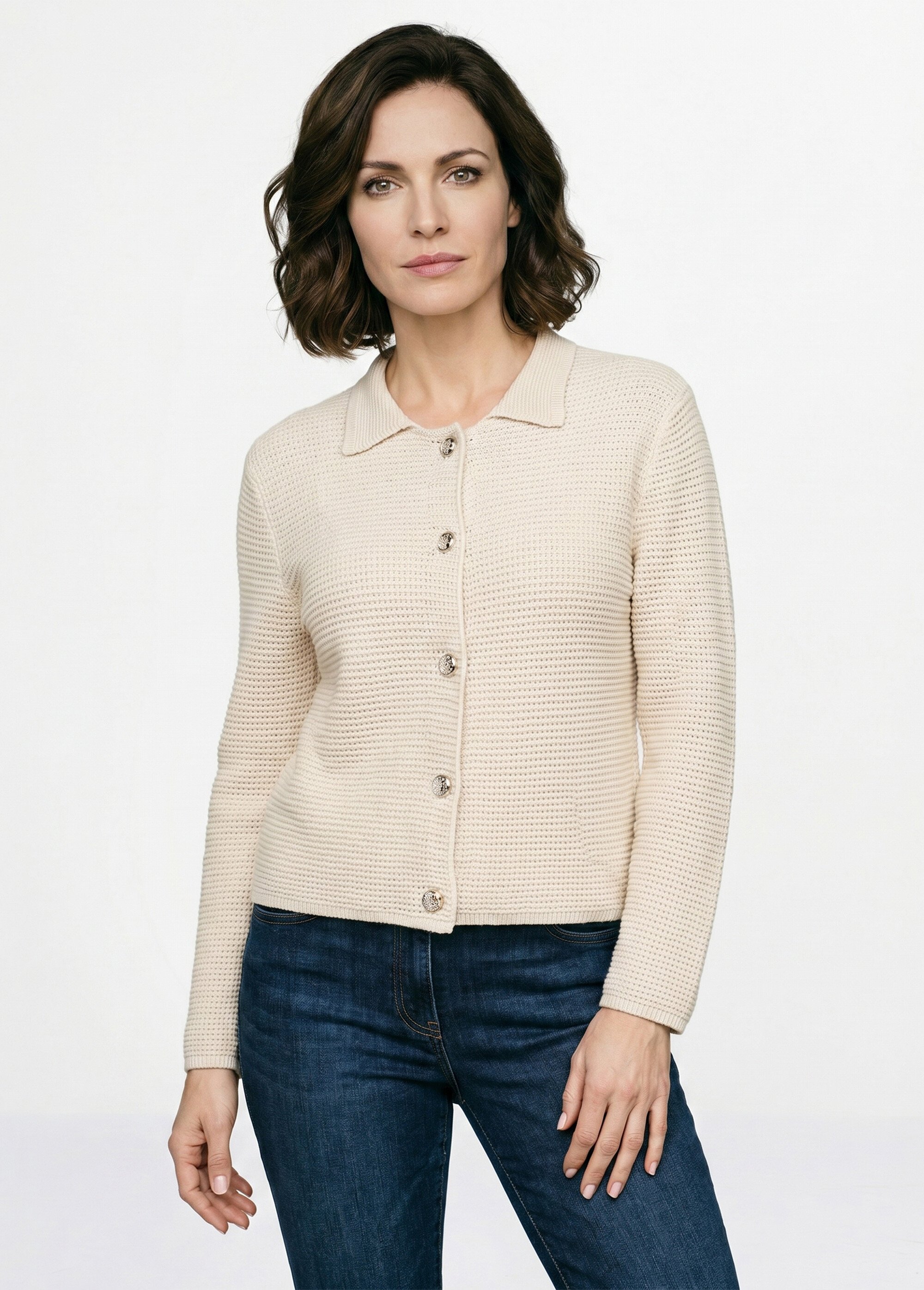 Gilet boutonné uni avec col manches longues Femme Beige MARRAY FA1