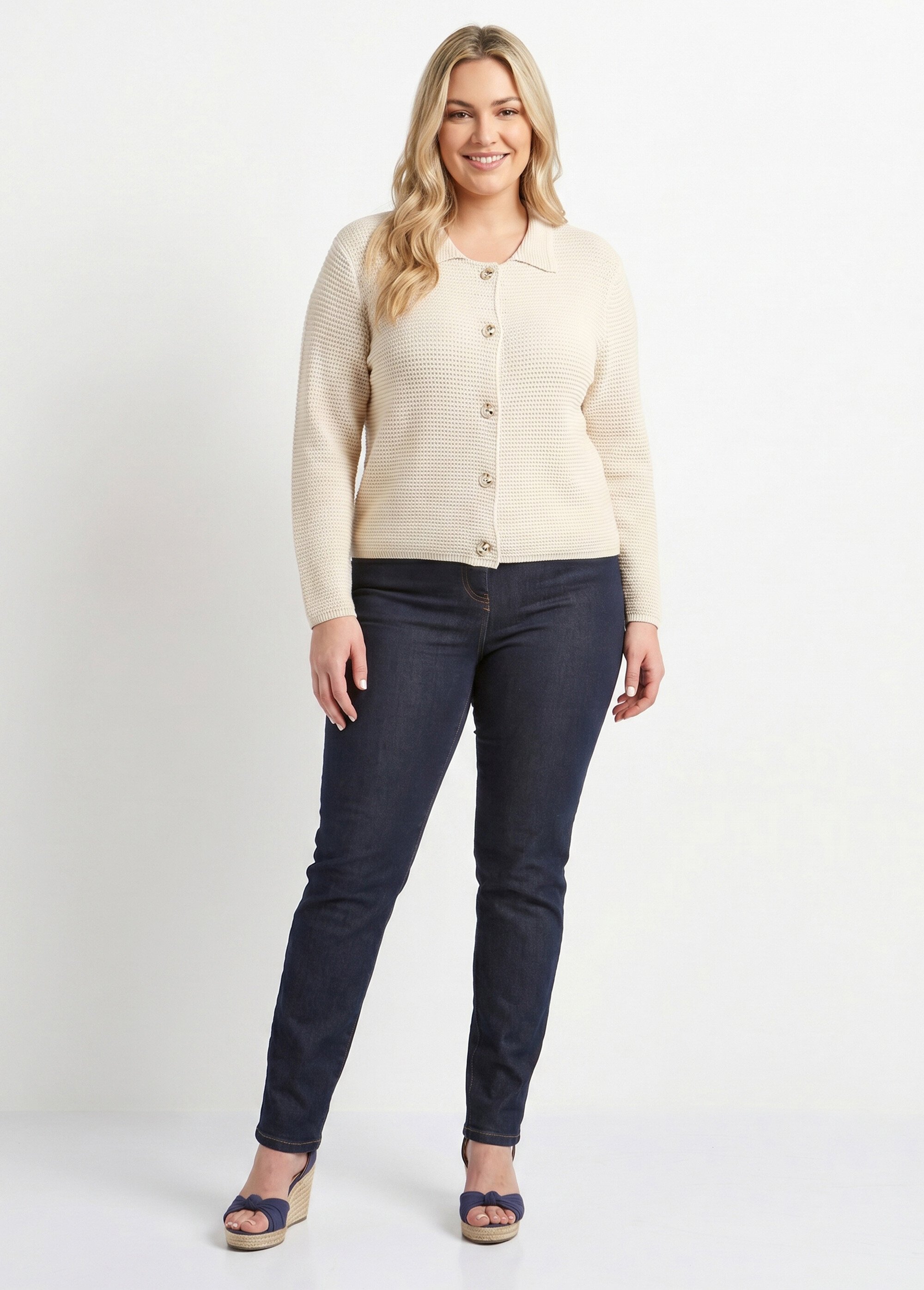 Gilet boutonné uni avec col manches longues Femme Grande Taille Beige MARRAY SI1