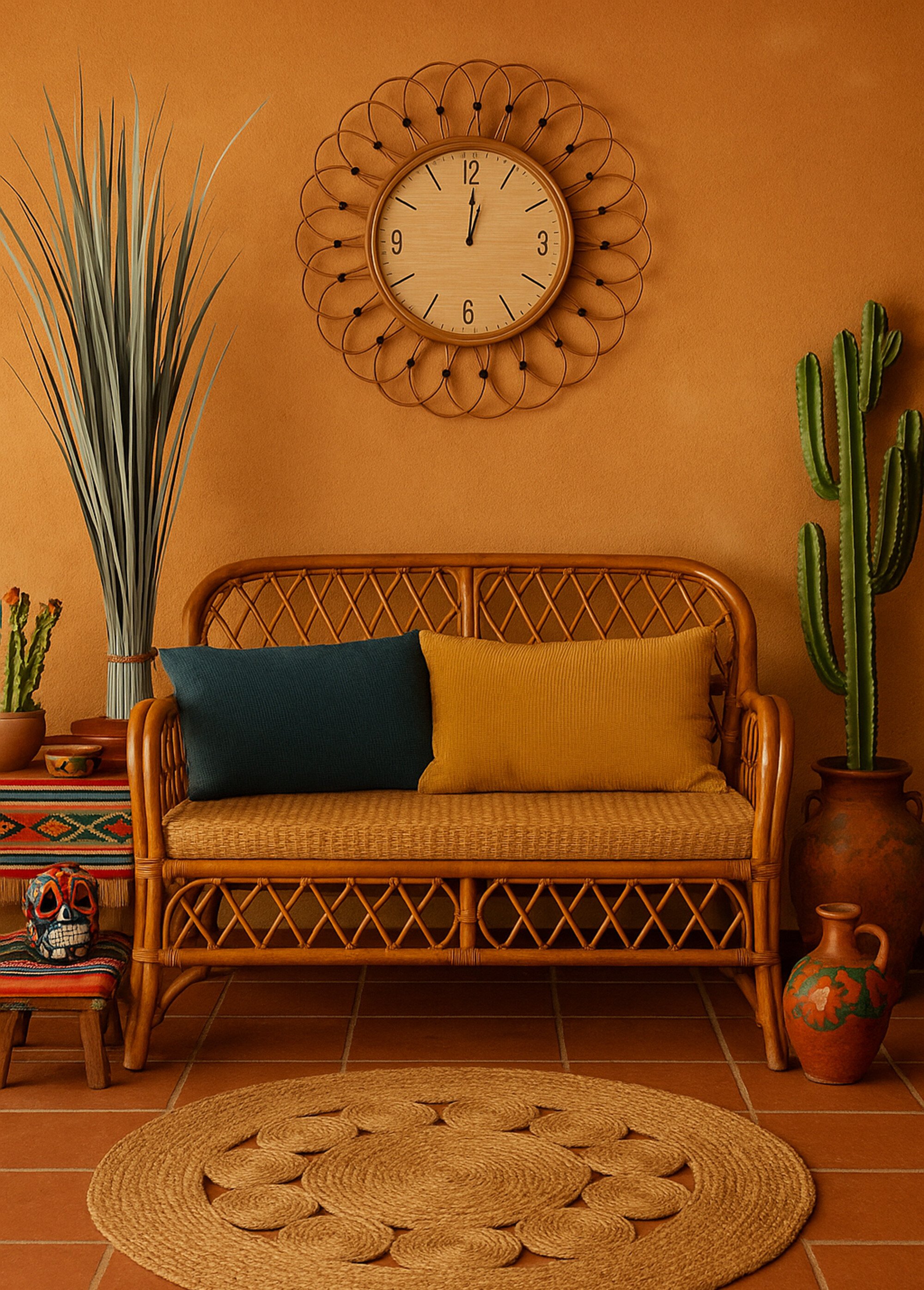 Grande horloge en rotin, forme rosace Beige NOR-29355 SI2