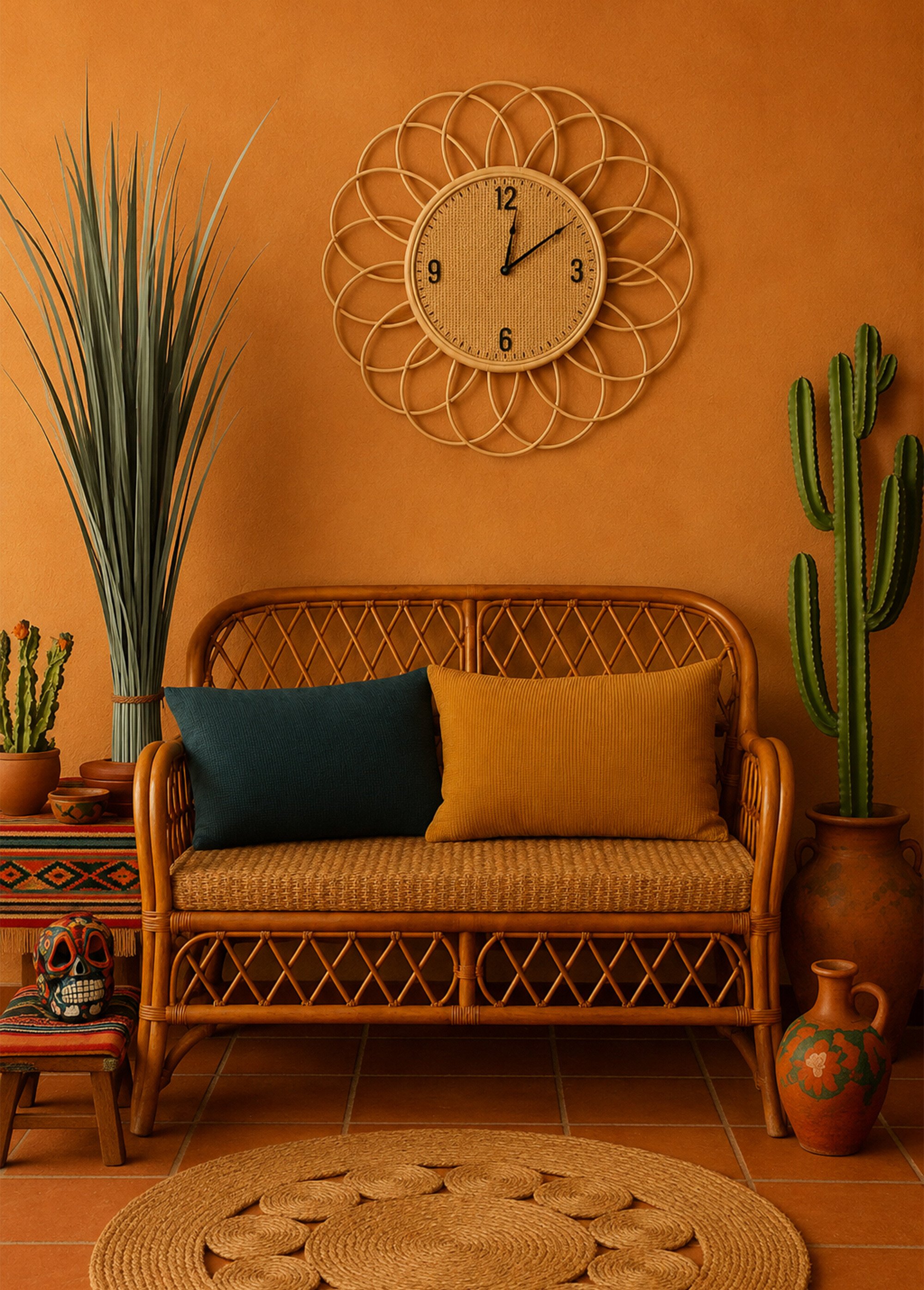 Grande horloge en rotin, forme rosace Beige NOR-29355 SI2