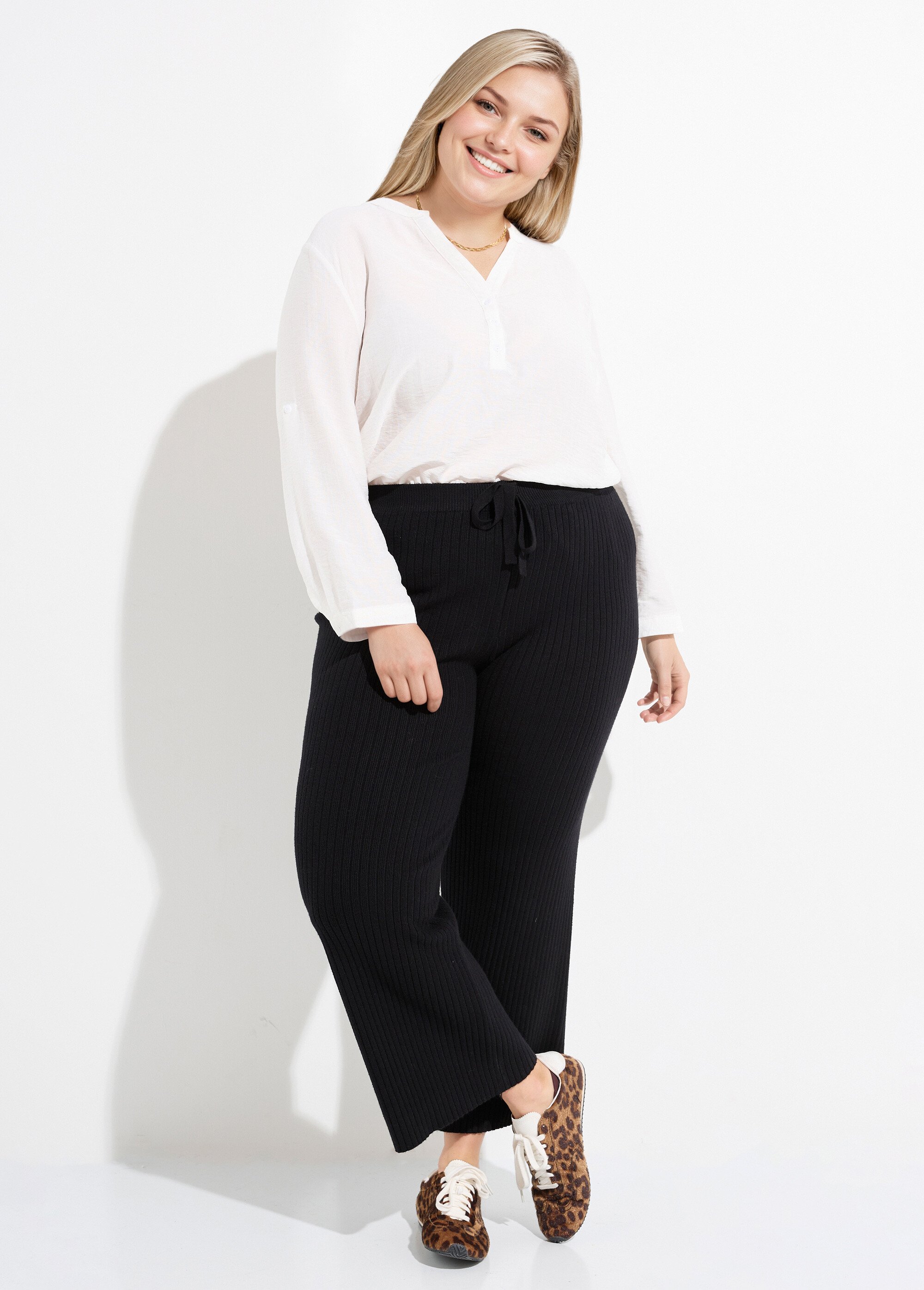 Pantalon confort en maille, coupe large Femme Grande Taille Noir CHY-D0343A SF1