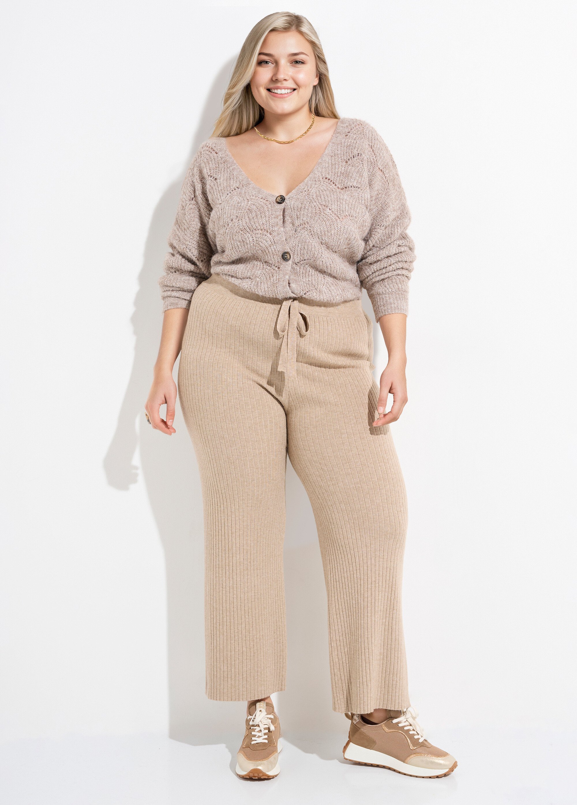 Pantalon confort en maille, coupe large Femme Grande Taille Beige CHY-D0343A SF1
