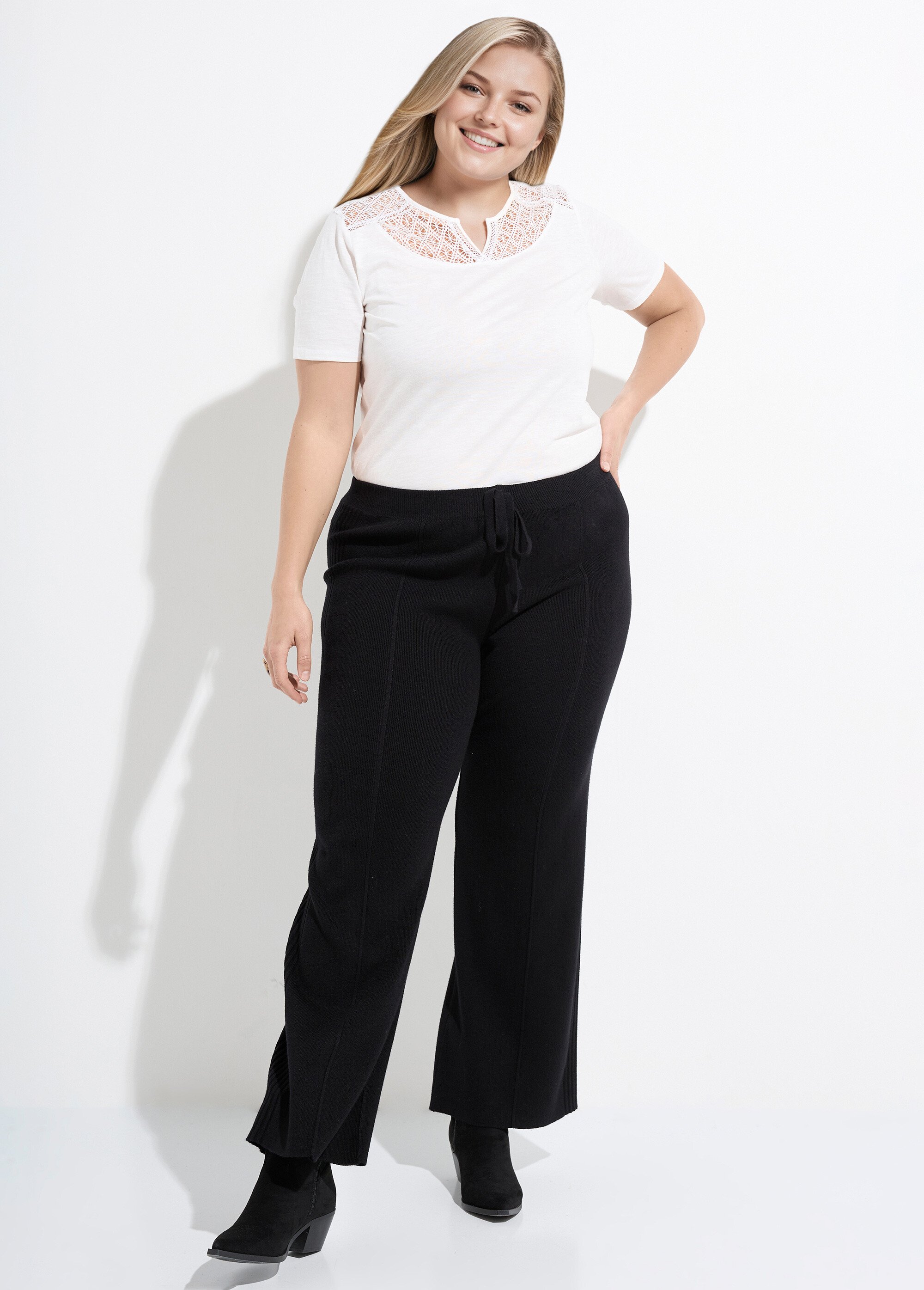 Pantalon large confort, jeu de mailles Femme Grande Taille Noir CHY-D0343C SF1