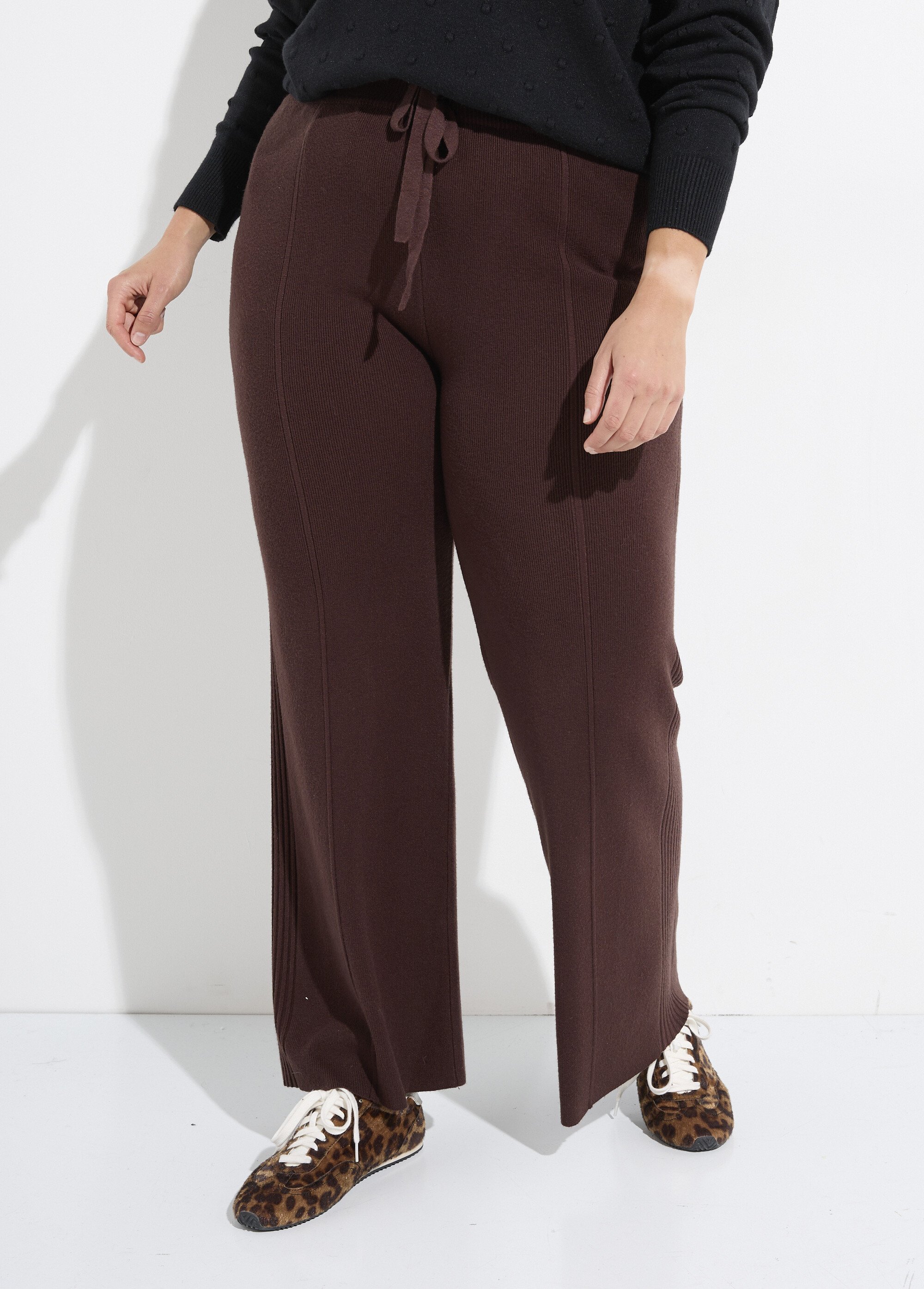 Pantalon large confort, jeu de mailles Femme Grande Taille Marron CHY-D0343C FA1